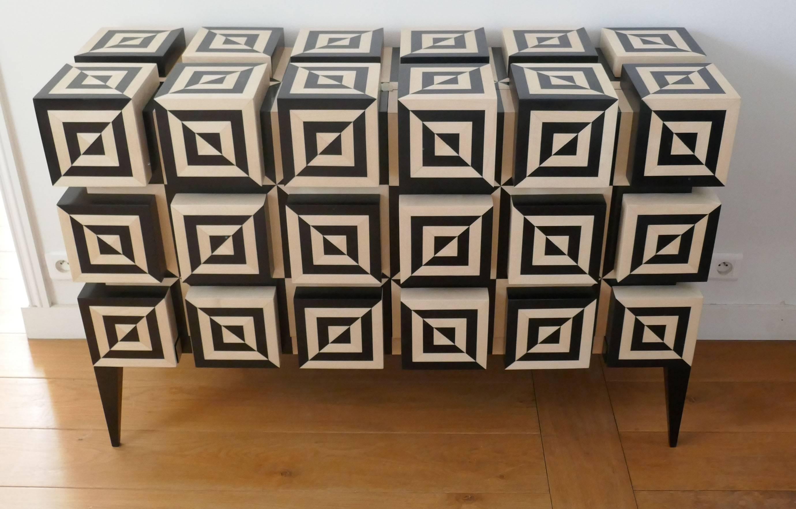 Modern Buffet “Ondulation 2” in Black and White  Sycomore Marquetery  by Aymeric Lefort For Sale