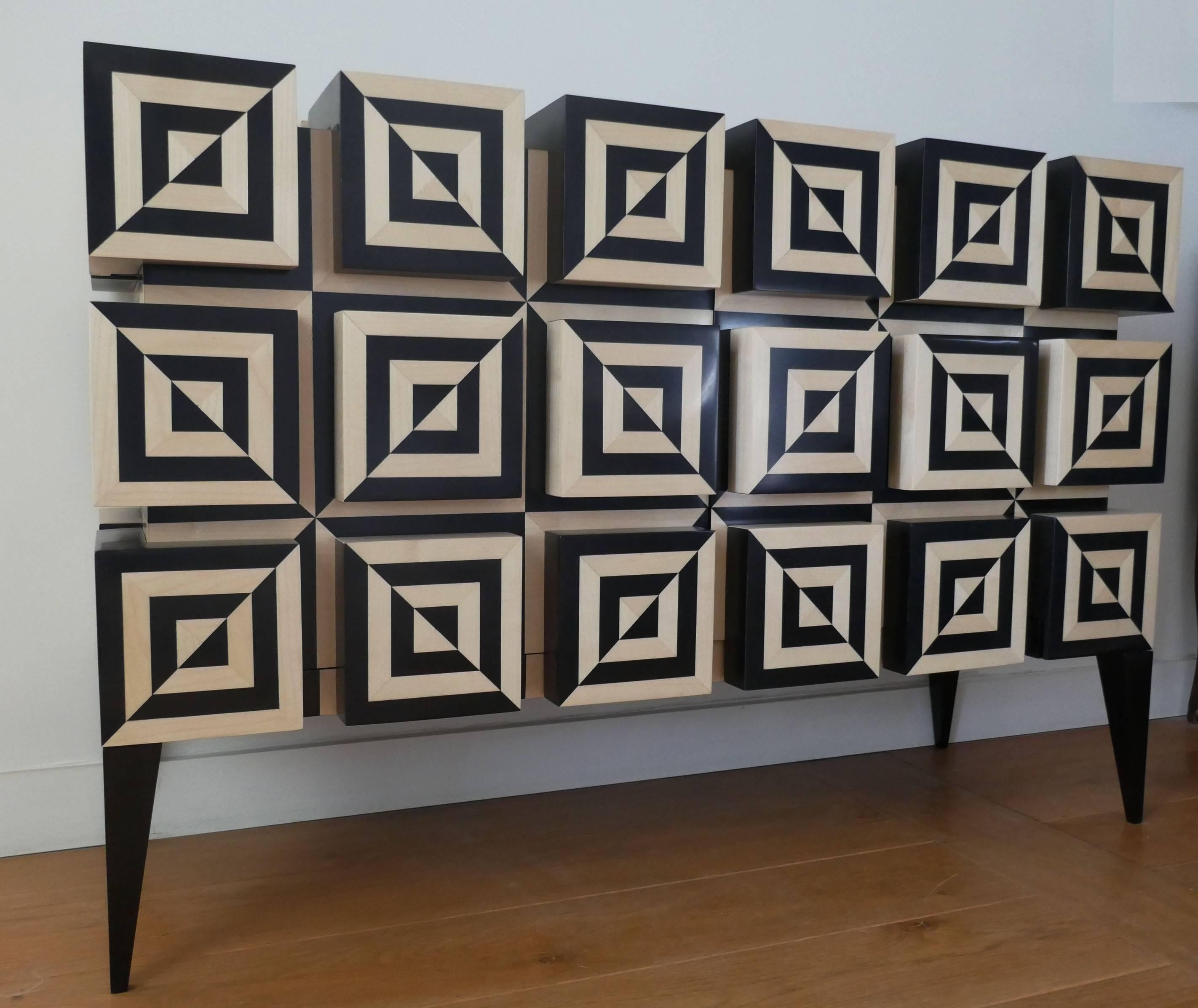 French Buffet “Ondulation 2” in Black and White  Sycomore Marquetery  by Aymeric Lefort For Sale
