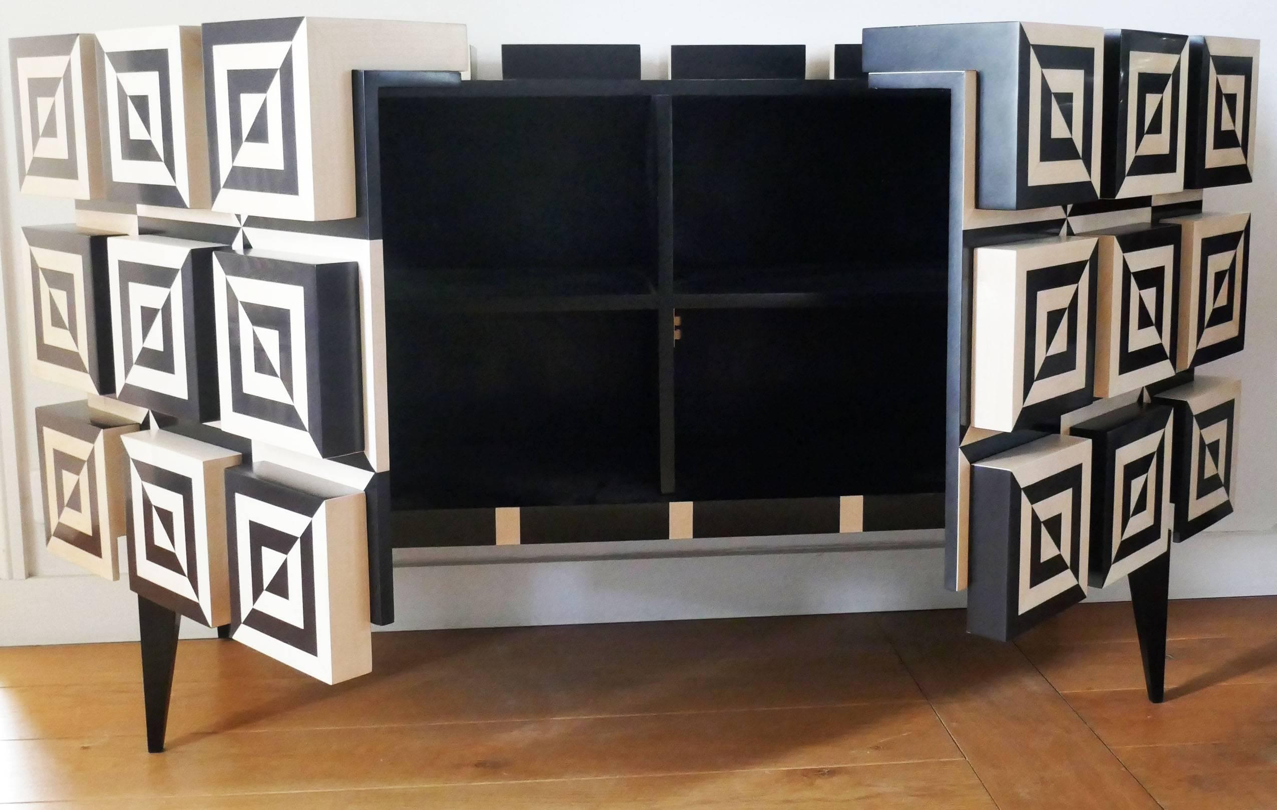 Contemporary Buffet “Ondulation 2” in Black and White  Sycomore Marquetery  by Aymeric Lefort For Sale