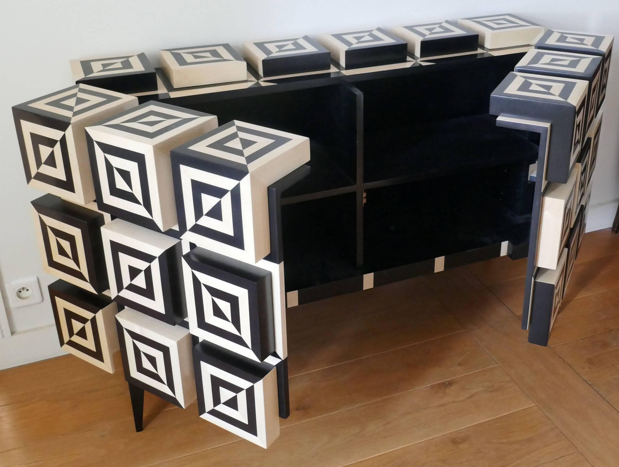 Sycamore Buffet “Ondulation 2” in Black and White  Sycomore Marquetery  by Aymeric Lefort For Sale