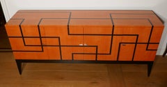 Buffet "Filets" in Hermes Orange and Black Sycamore Marquetery by Aymeric Lefort