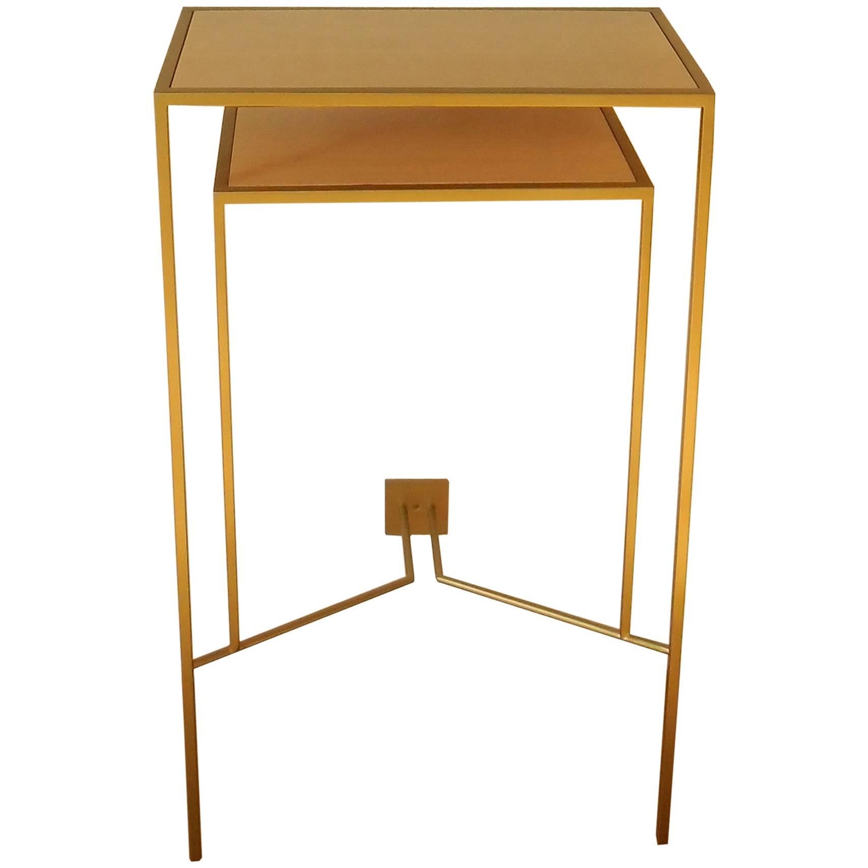 Console in Gold, Bronze Patina with tow Sycamore Shelves by Aymeric Lefort For Sale