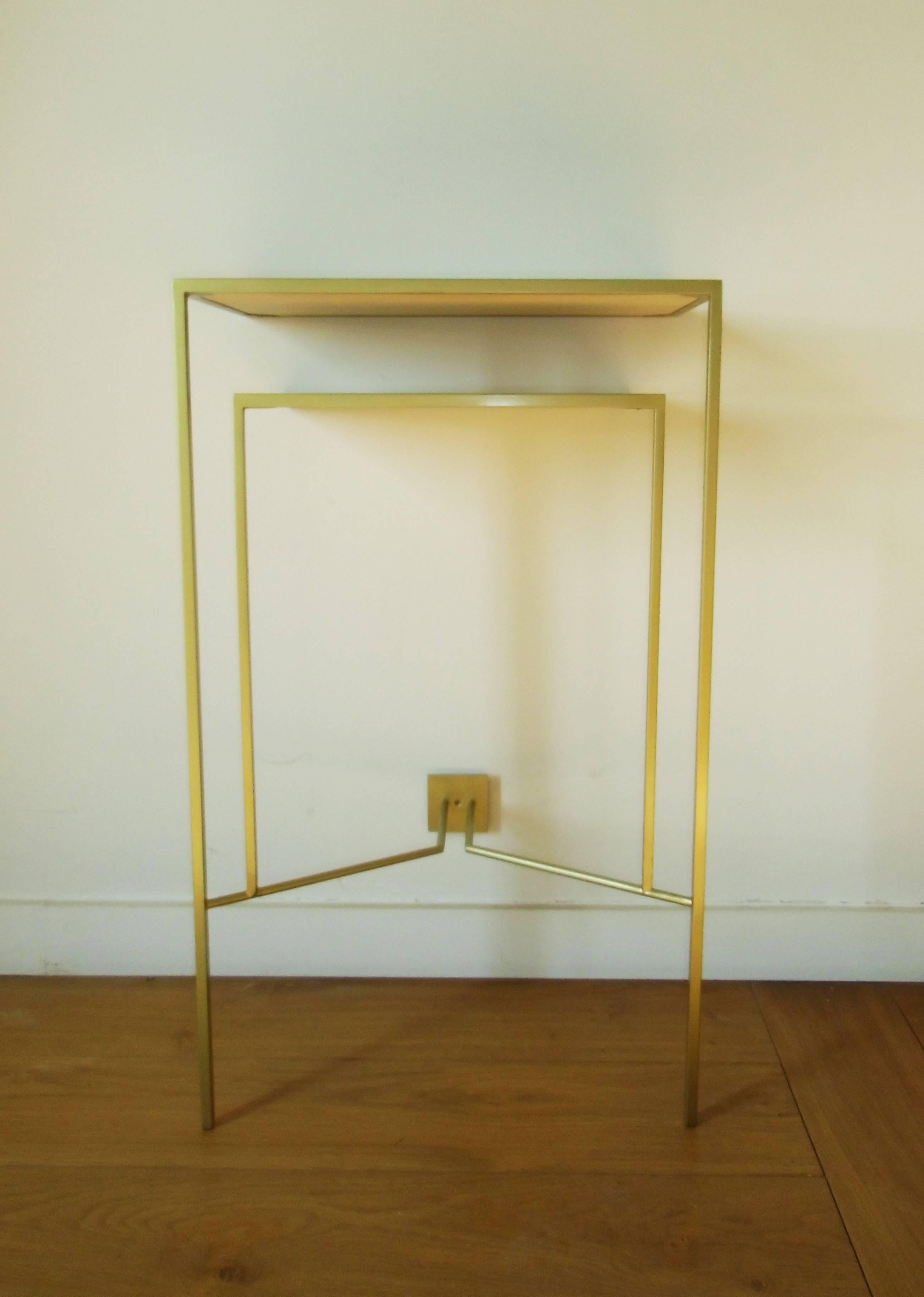 Modern Console in Gold, Bronze Patina with tow Sycamore Shelves by Aymeric Lefort For Sale