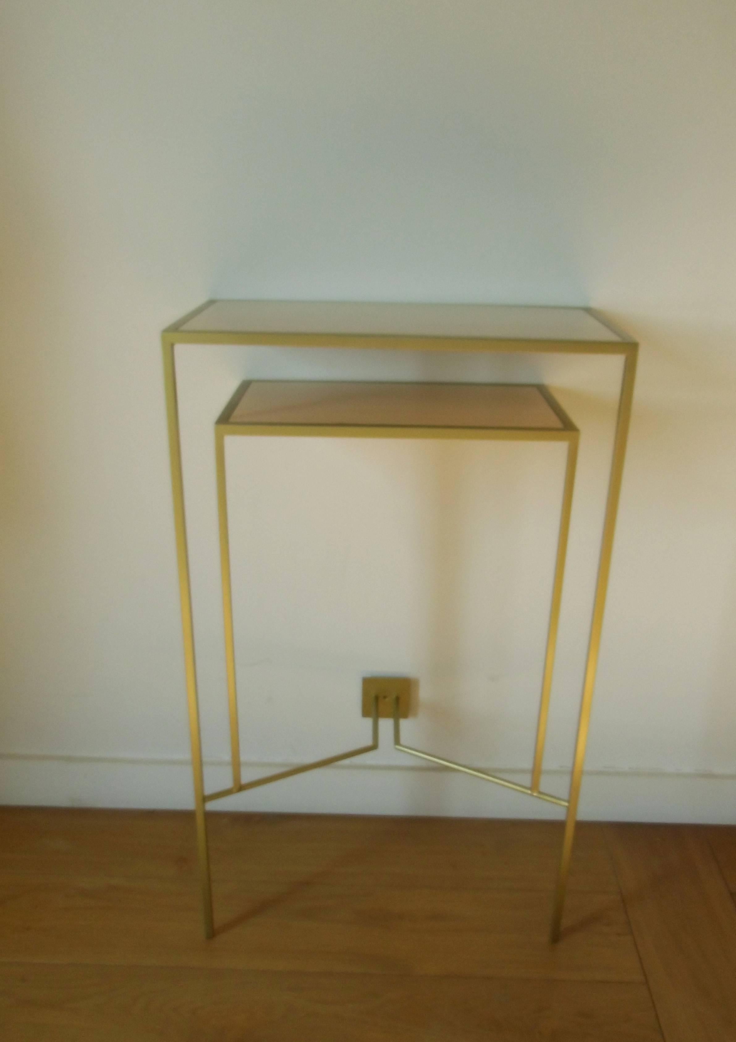 French Console in Gold, Bronze Patina with tow Sycamore Shelves by Aymeric Lefort For Sale