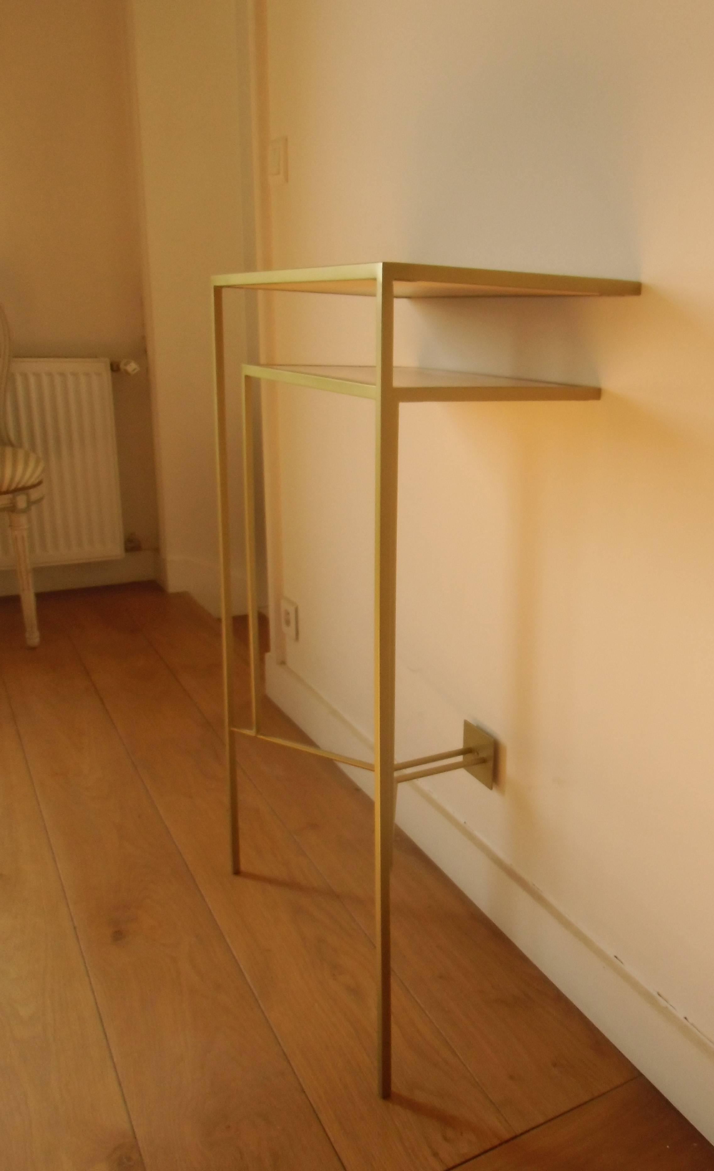 Varnished Console in Gold, Bronze Patina with tow Sycamore Shelves by Aymeric Lefort For Sale