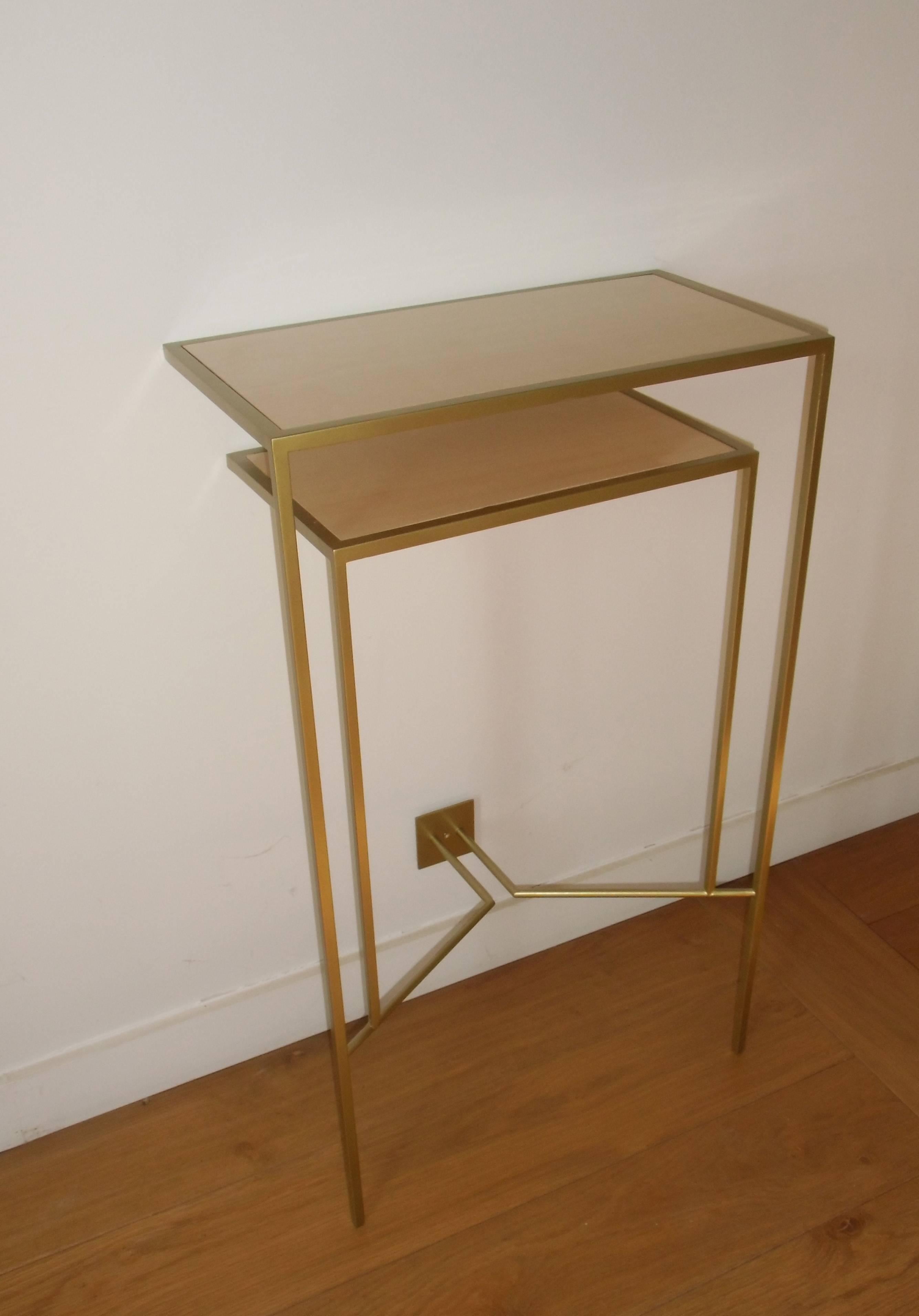Console in Gold, Bronze Patina with tow Sycamore Shelves by Aymeric Lefort For Sale 1