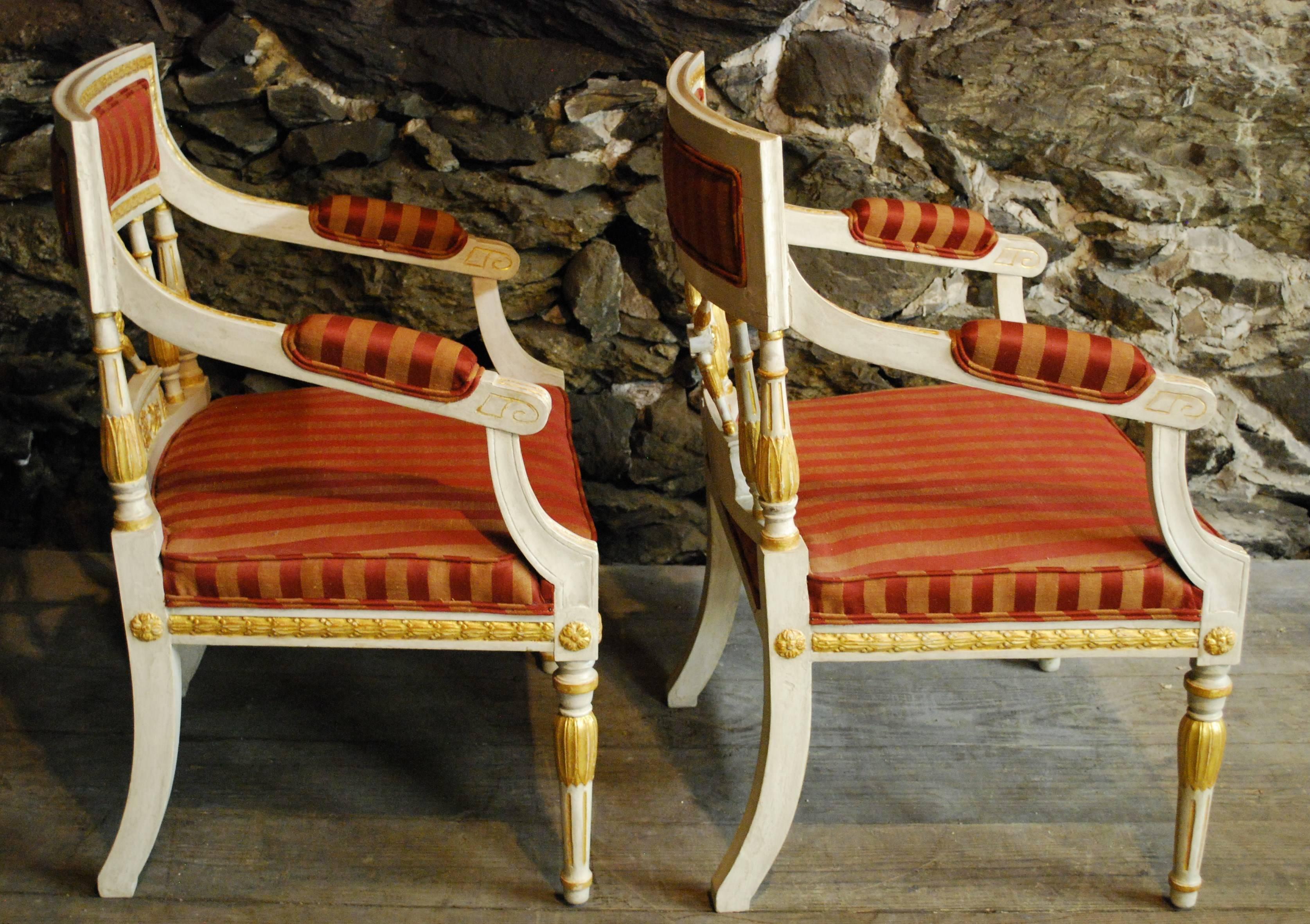 Painted Fine Pair of Gustavian Style Armchairs in Silk