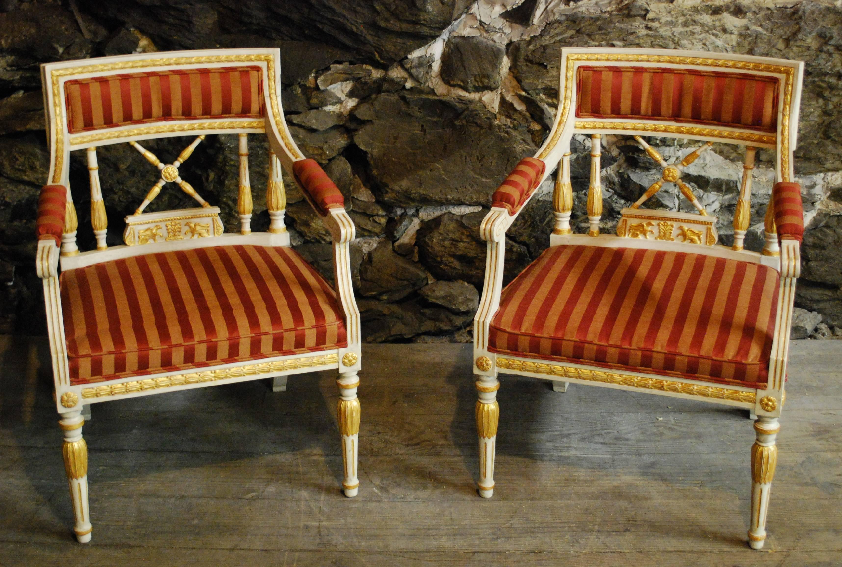 Mid-20th Century Fine Pair of Gustavian Style Armchairs in Silk