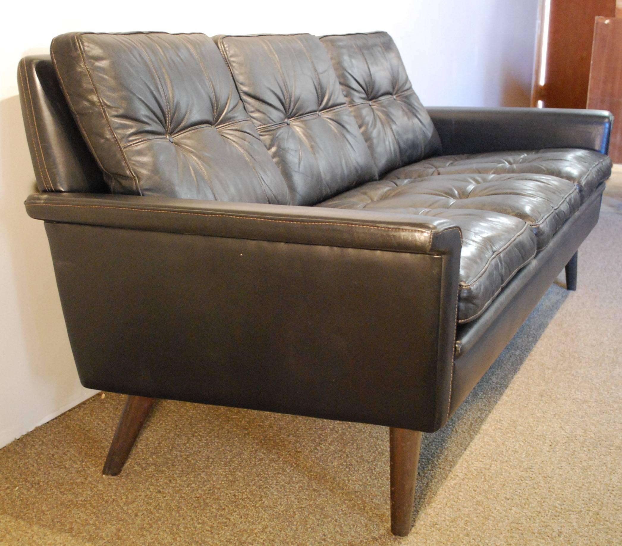 Hans Olsen Designed Danish Mid-Century Modern Sofa in Black Leather In Good Condition In BOSTON, MA