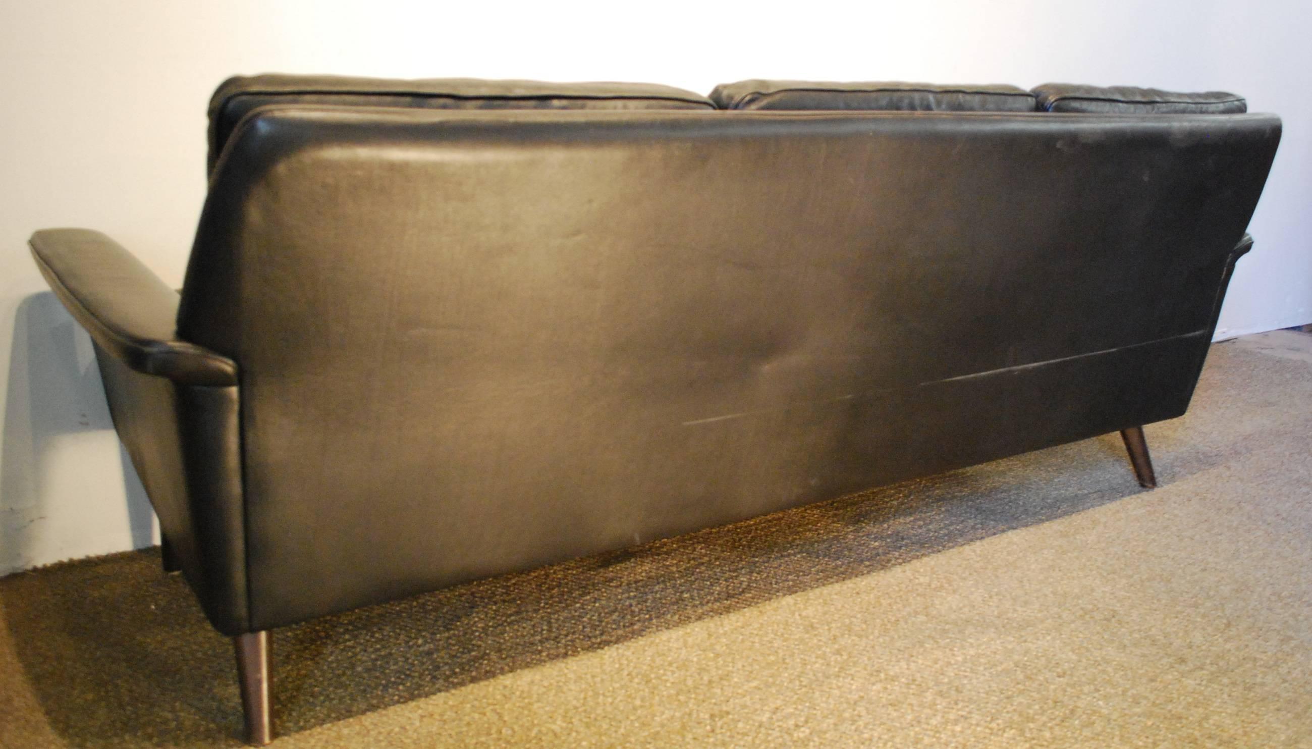 Hans Olsen Designed Danish Mid-Century Modern Sofa in Black Leather 1