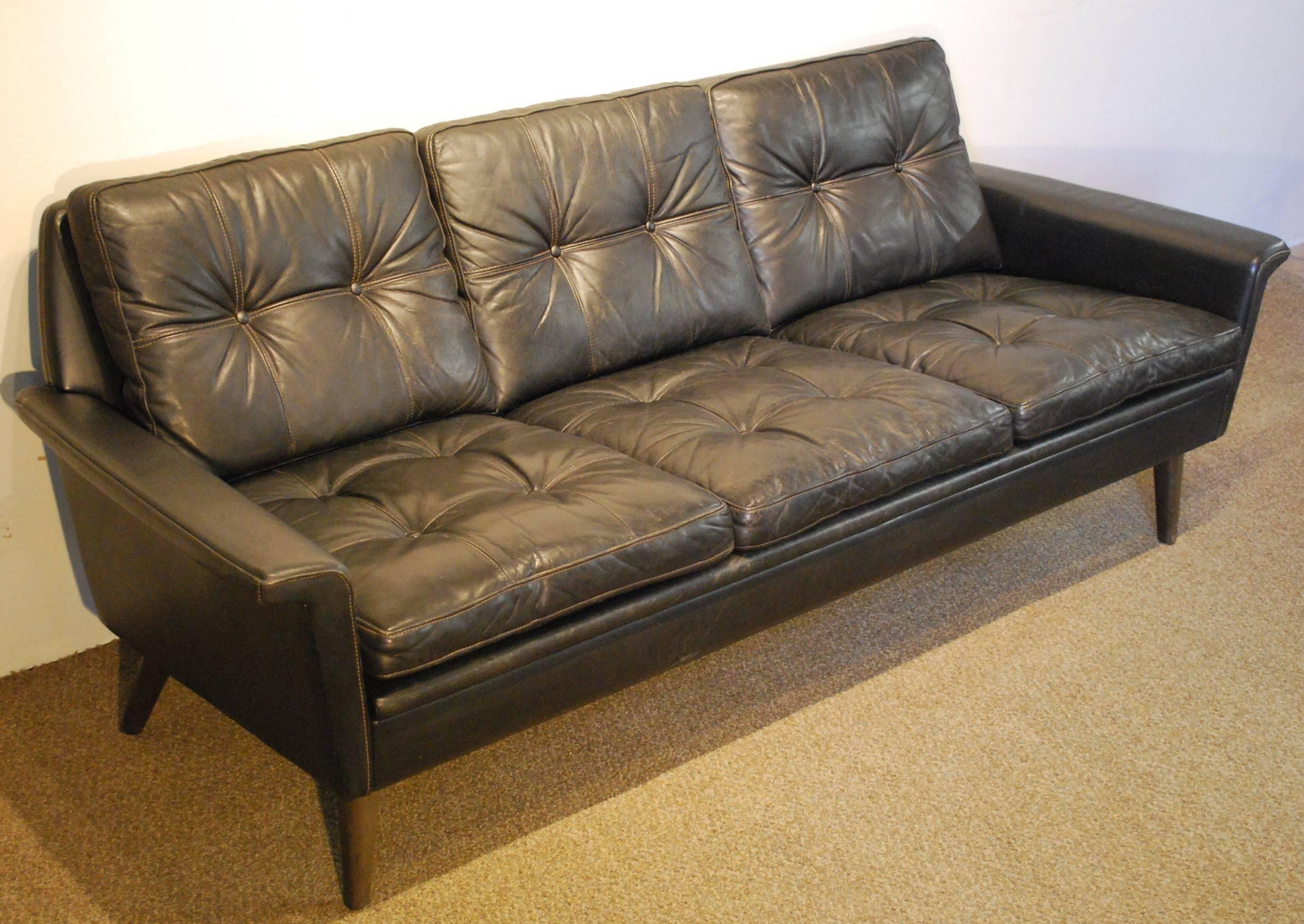 Hans Olsen Designed Danish Mid-Century Modern Sofa in Black Leather 3