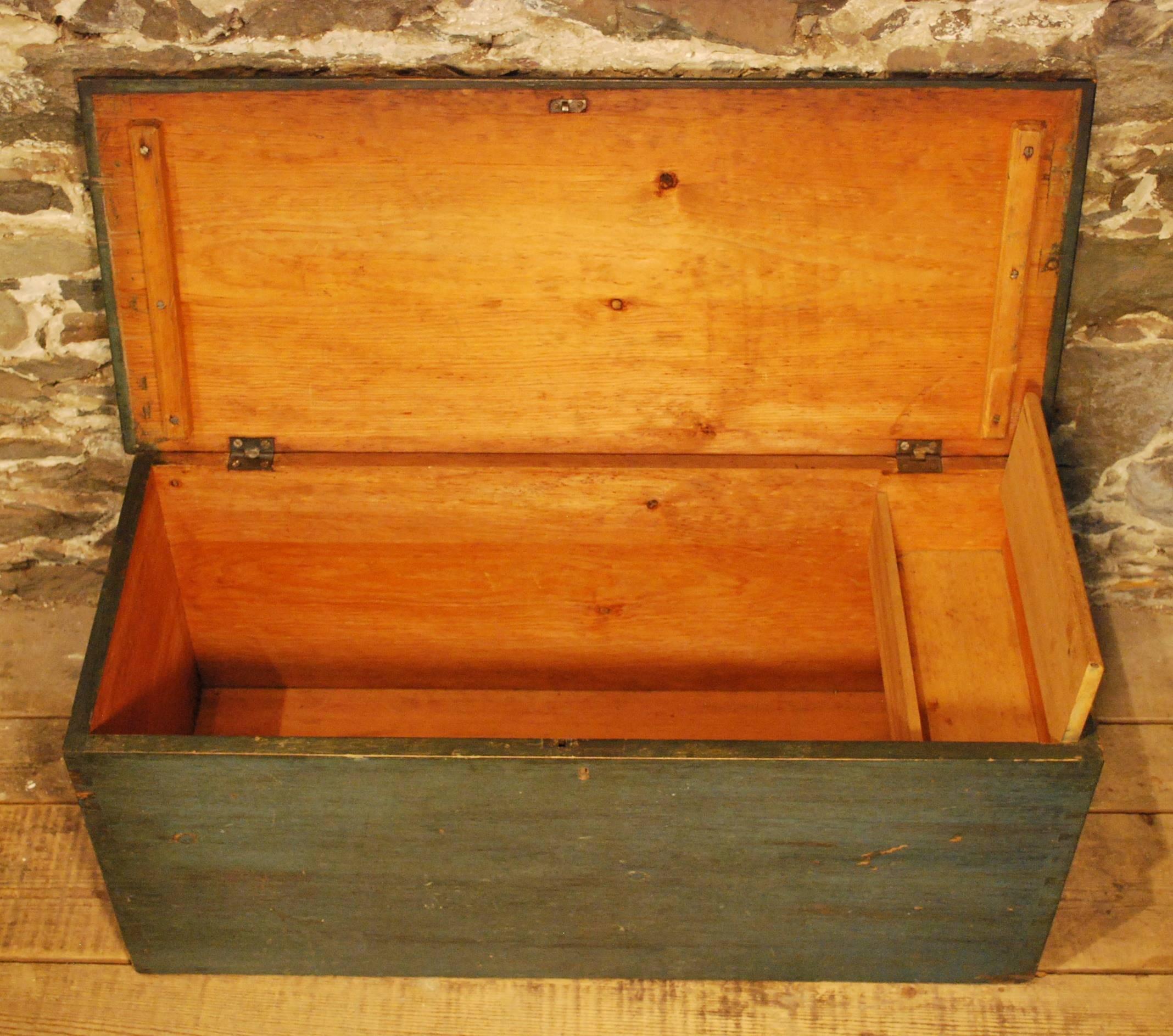 American Antique Flat Top Trunk in Original Blue Paint, circa 1880