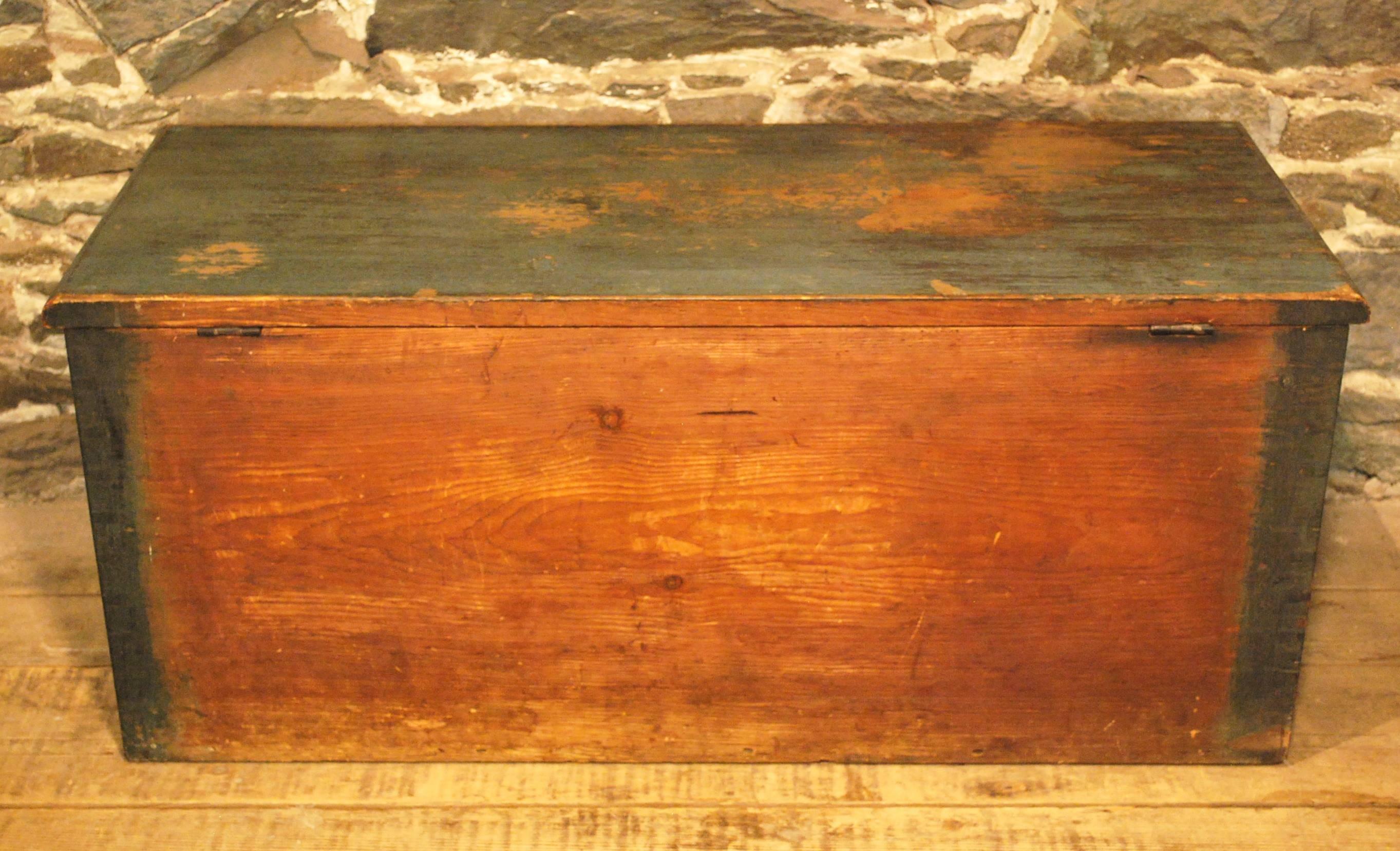 Antique Flat Top Trunk in Original Blue Paint, circa 1880 In Good Condition In BOSTON, MA