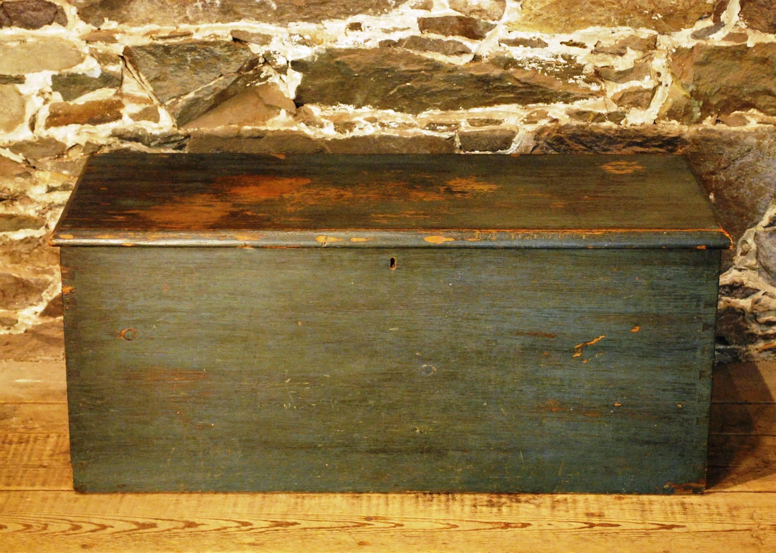 Antique Flat Top Trunk in Original Blue Paint, circa 1880 1