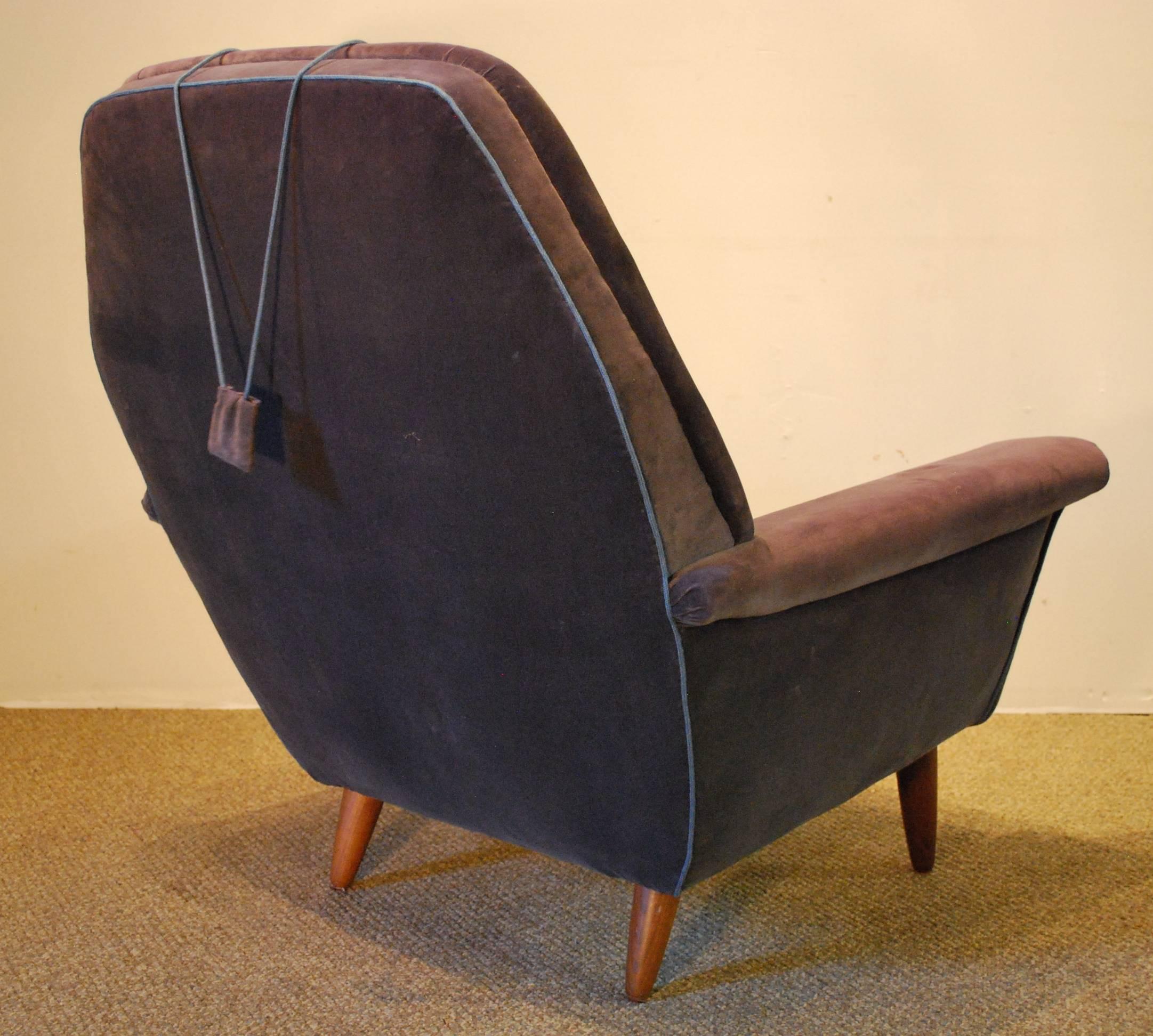 Teak Mid-Century Modern Blue/Gray Wingback Armchair, circa 1960