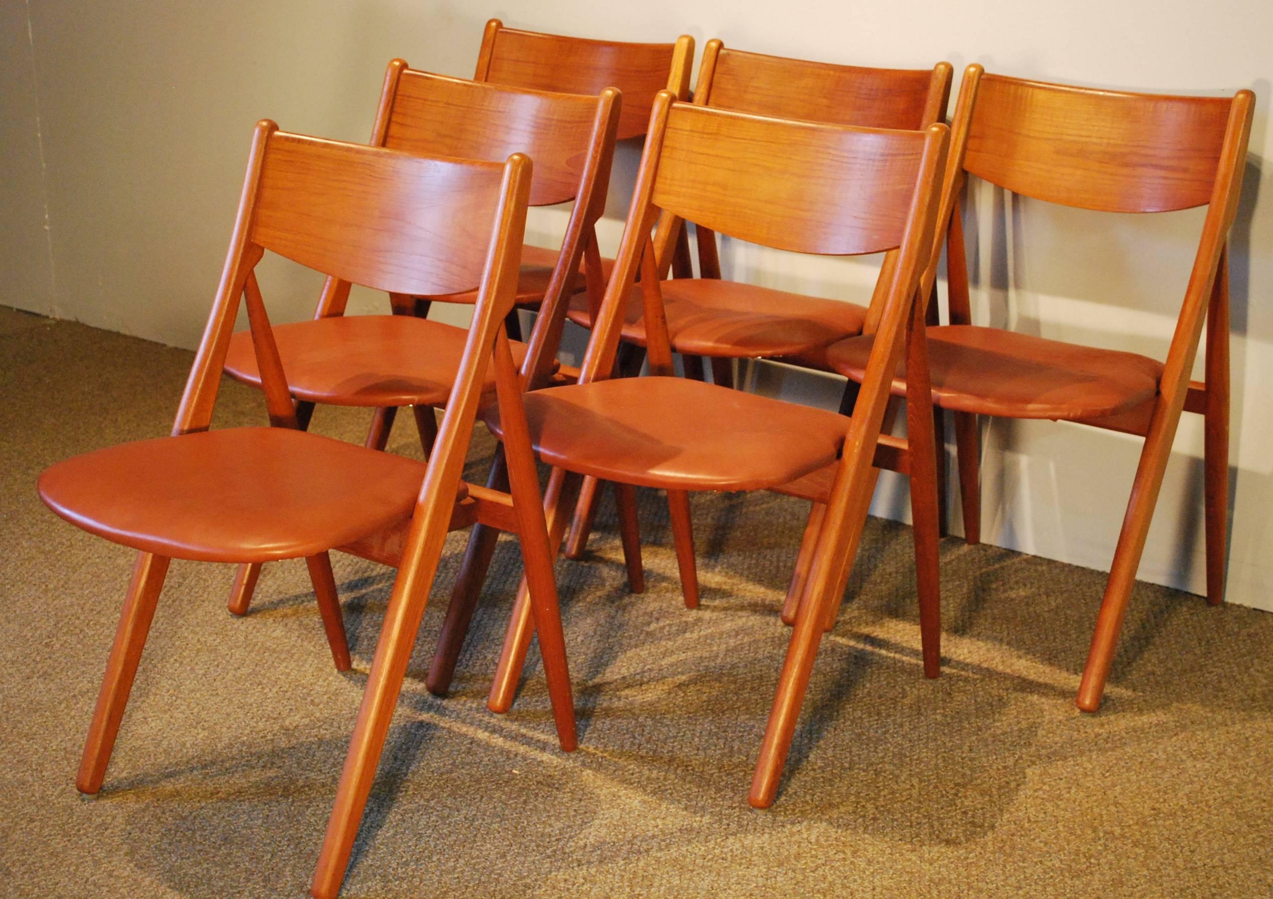 Danish Modern Set of Six Teak or Leather Dining Chairs 1