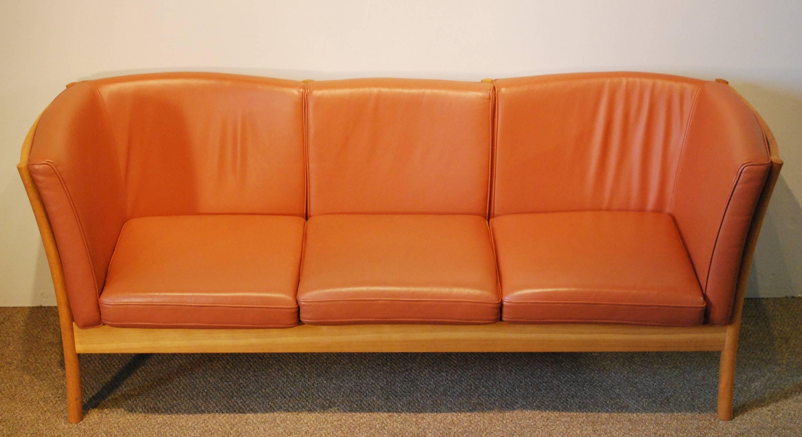 Danish Modern Leather Sofa by Hurup with a Shaped Oak Frame In Excellent Condition For Sale In BOSTON, MA