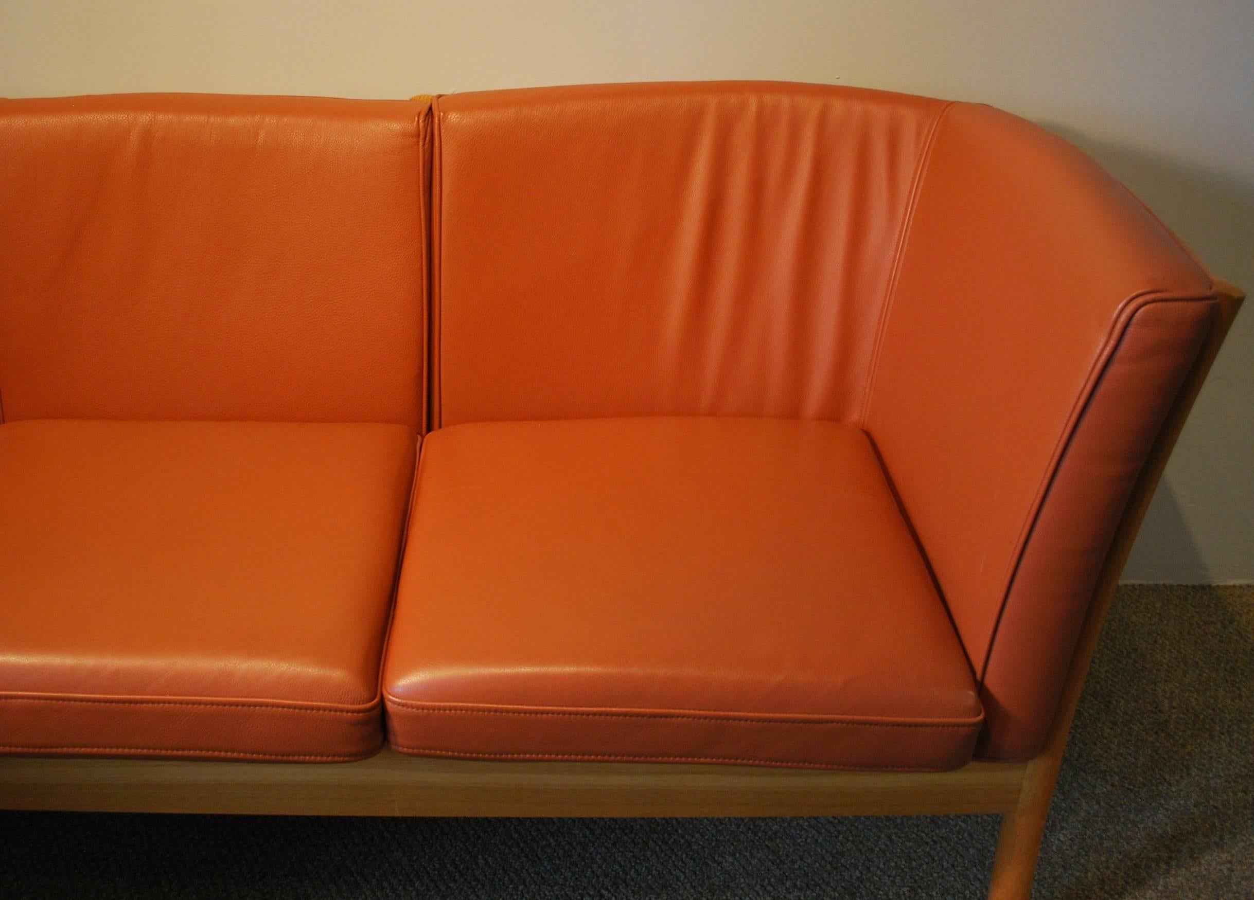 Late 20th Century Danish Modern Leather Sofa by Hurup with a Shaped Oak Frame For Sale