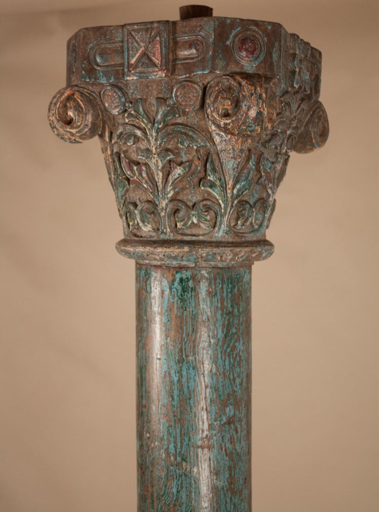 Pair Of Painted, Carved Teak Wood Columns From Gujarat, India For Sale 