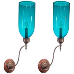 Pair of 19th Century Blue Green Teal Hurricane Shade Sconces