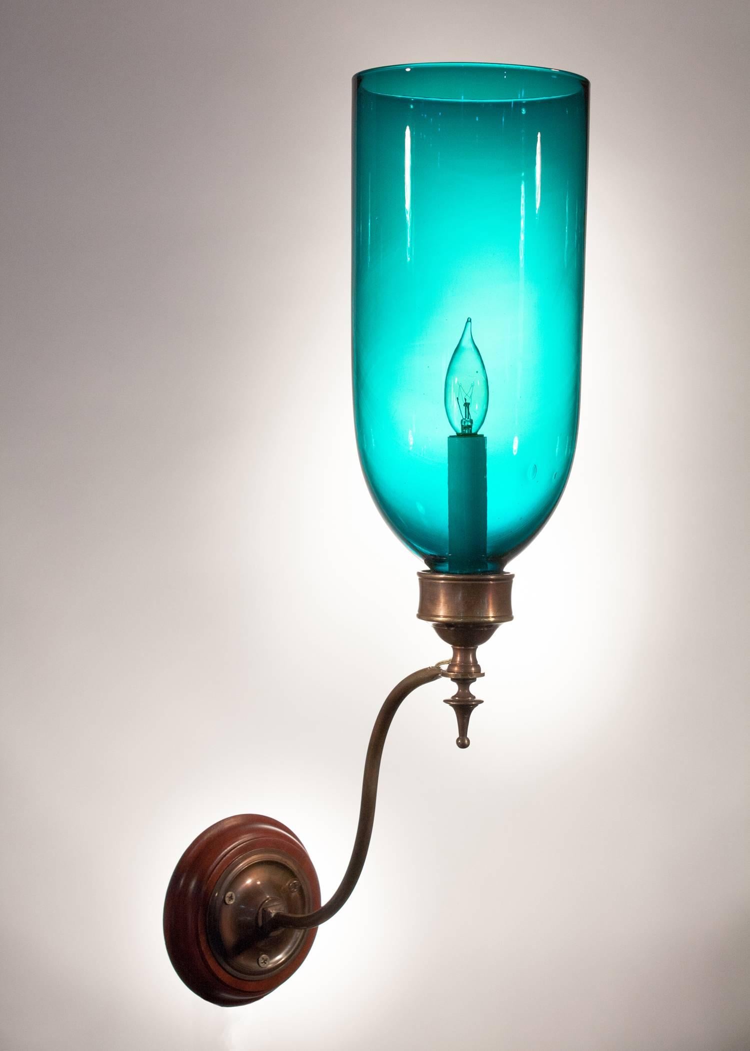 Victorian Pair of 19th Century Blue Green Teal Hurricane Shade Sconces