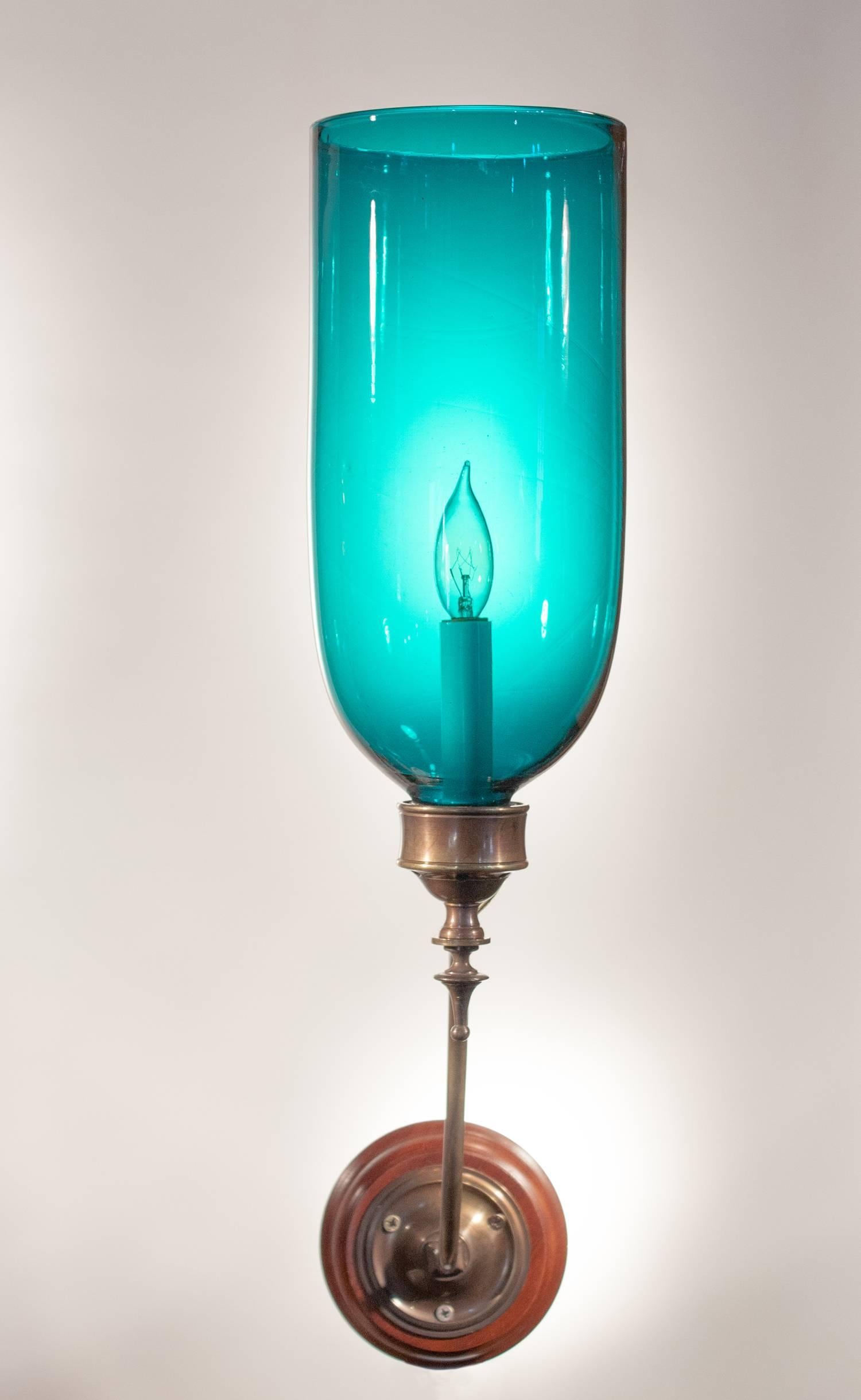 English Pair of 19th Century Blue Green Teal Hurricane Shade Sconces