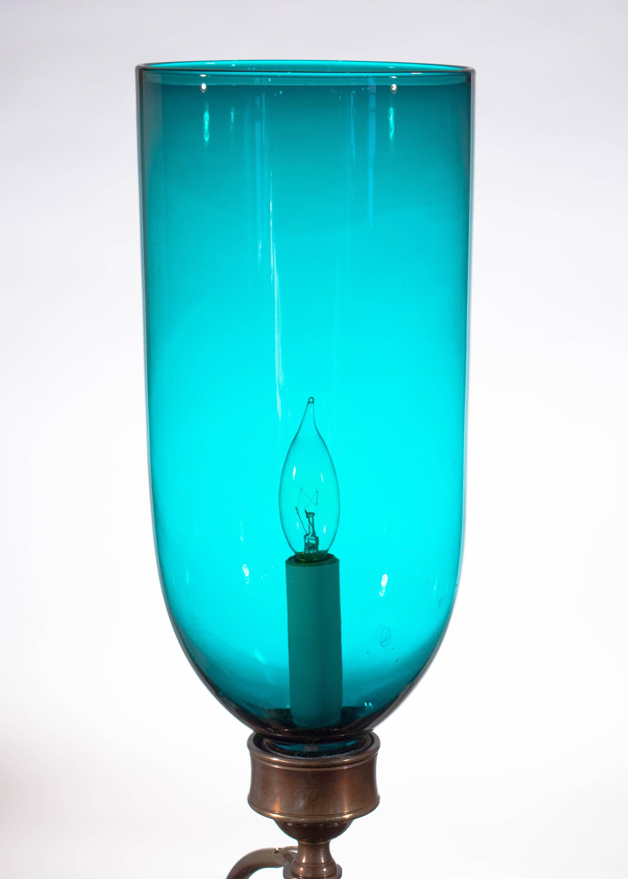 Pair of 19th Century Blue Green Teal Hurricane Shade Sconces In Excellent Condition In Heath, MA