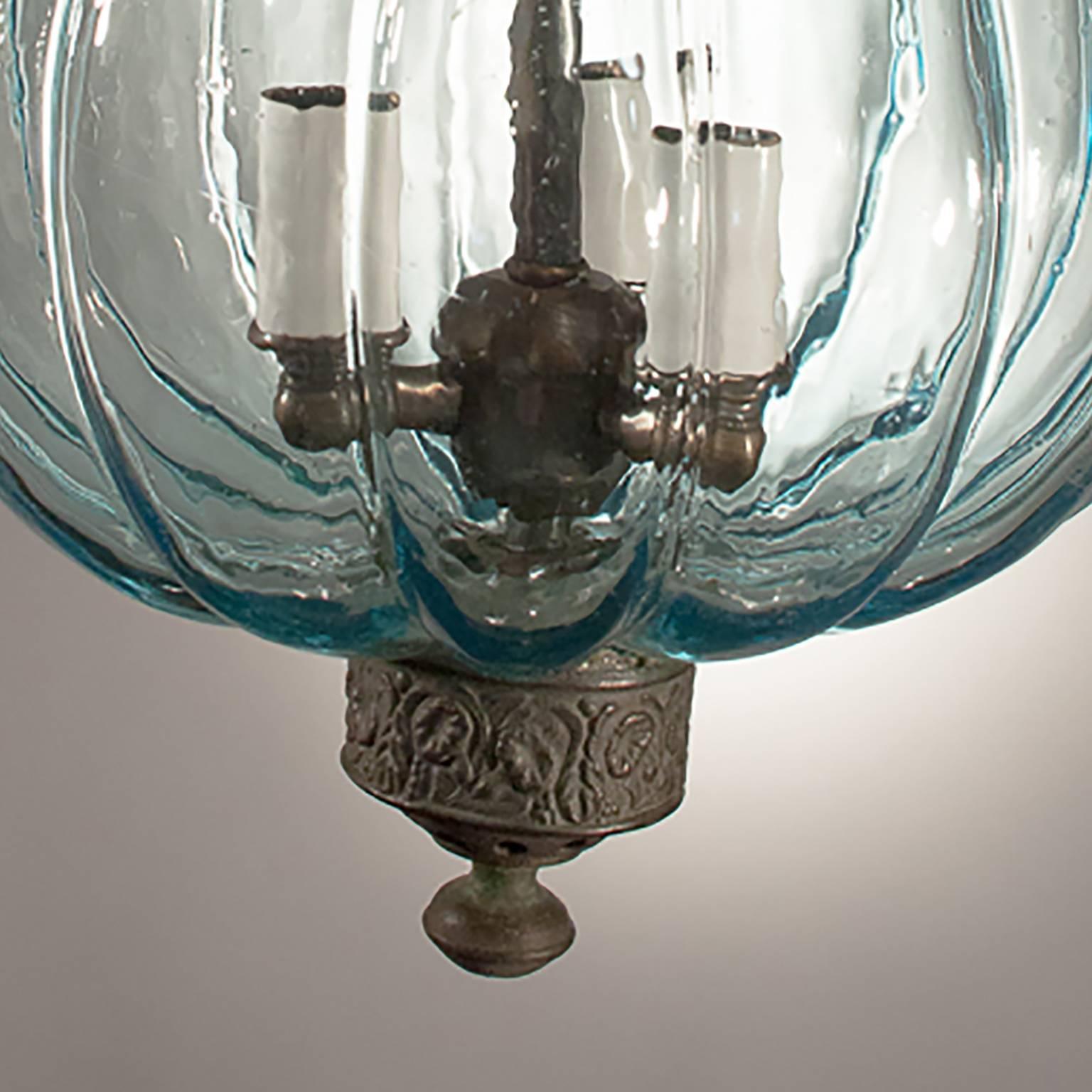 Belgian 19th Century Blue Melon Bell Jar Lantern