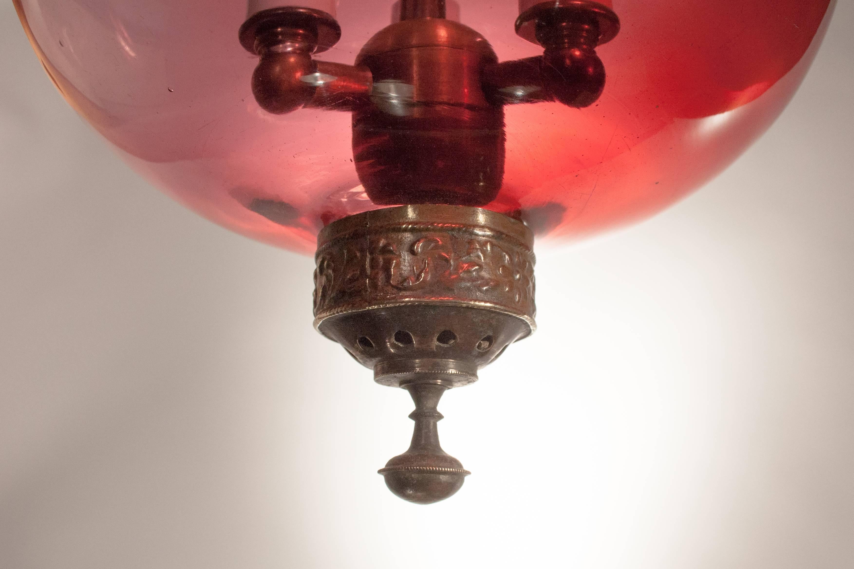 Red Globe Bell Jar Hall Lantern In Excellent Condition In Heath, MA