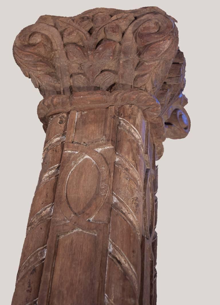 Anglo-Indian Pair of 19th Century Carved Teak Wood Columns or Pillars