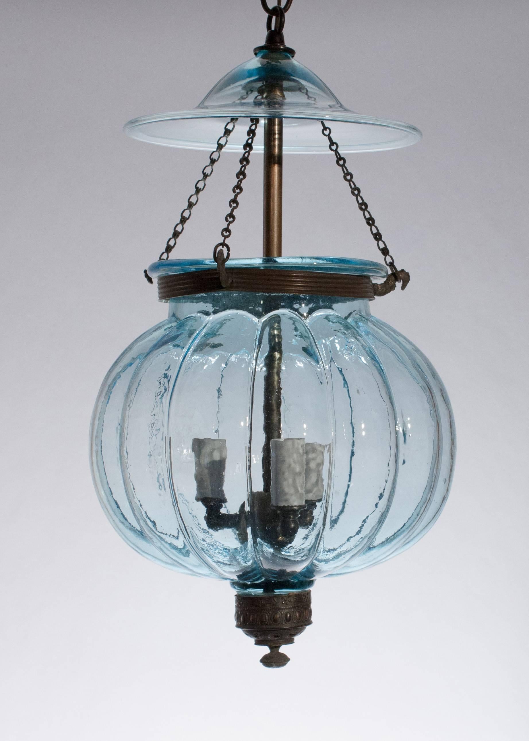 Pale aqua-tinted blue melon bell jar lantern handblown in Belgium by Val Saint Lambert, circa 1860. The St. Lambert insignia is acid etched in the glass, along with the words 