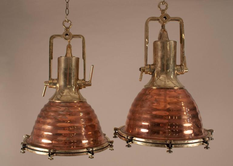 Pair Of Large Copper And Brass Nautical Ship Deck Lights At 1stdibs An Authentic Pair Of Large Polished Copper And Brass Ship S Deck Or Cargo Spotlights With Fluted