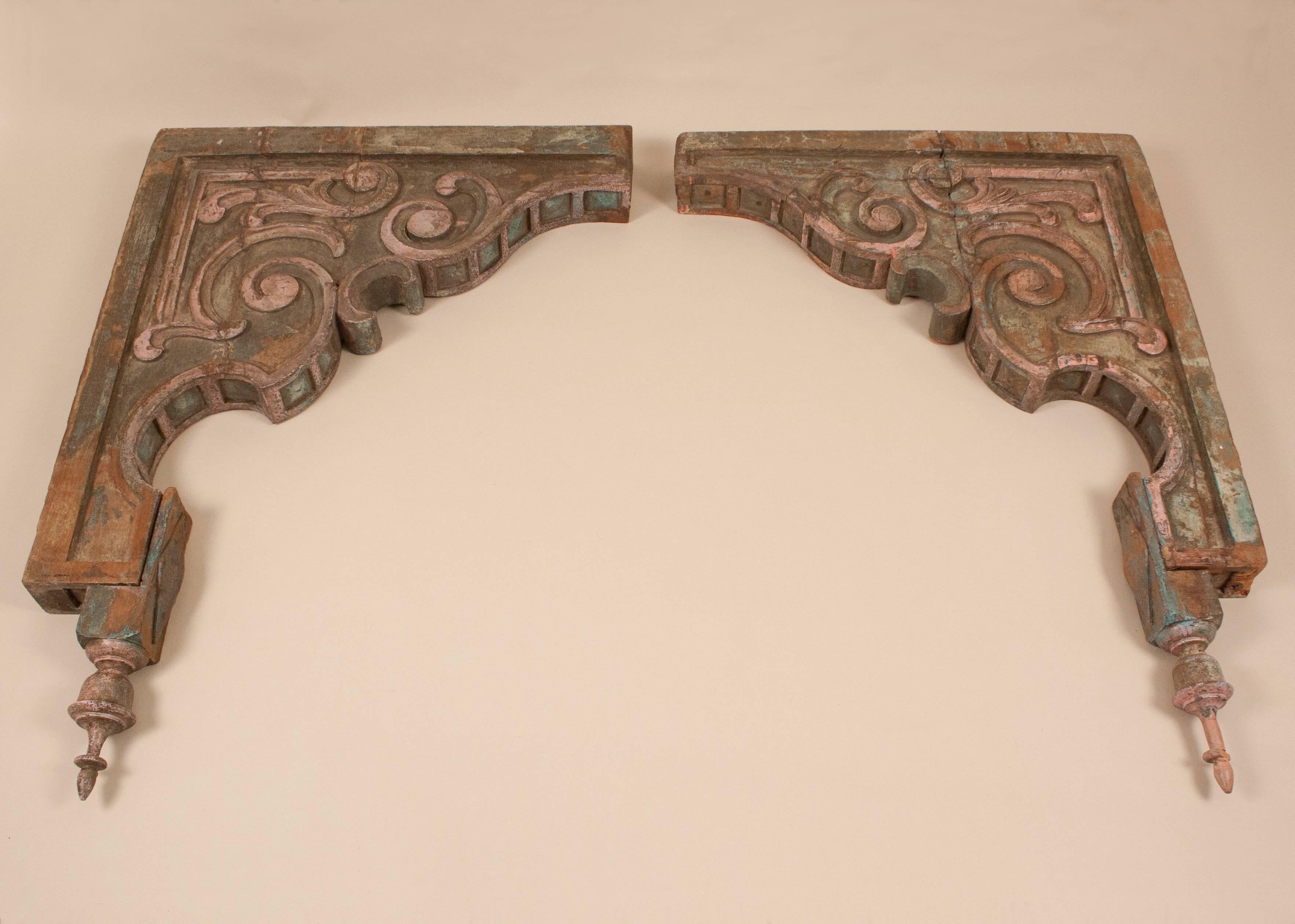 20th Century Pair of Painted Teak Wood Corbels