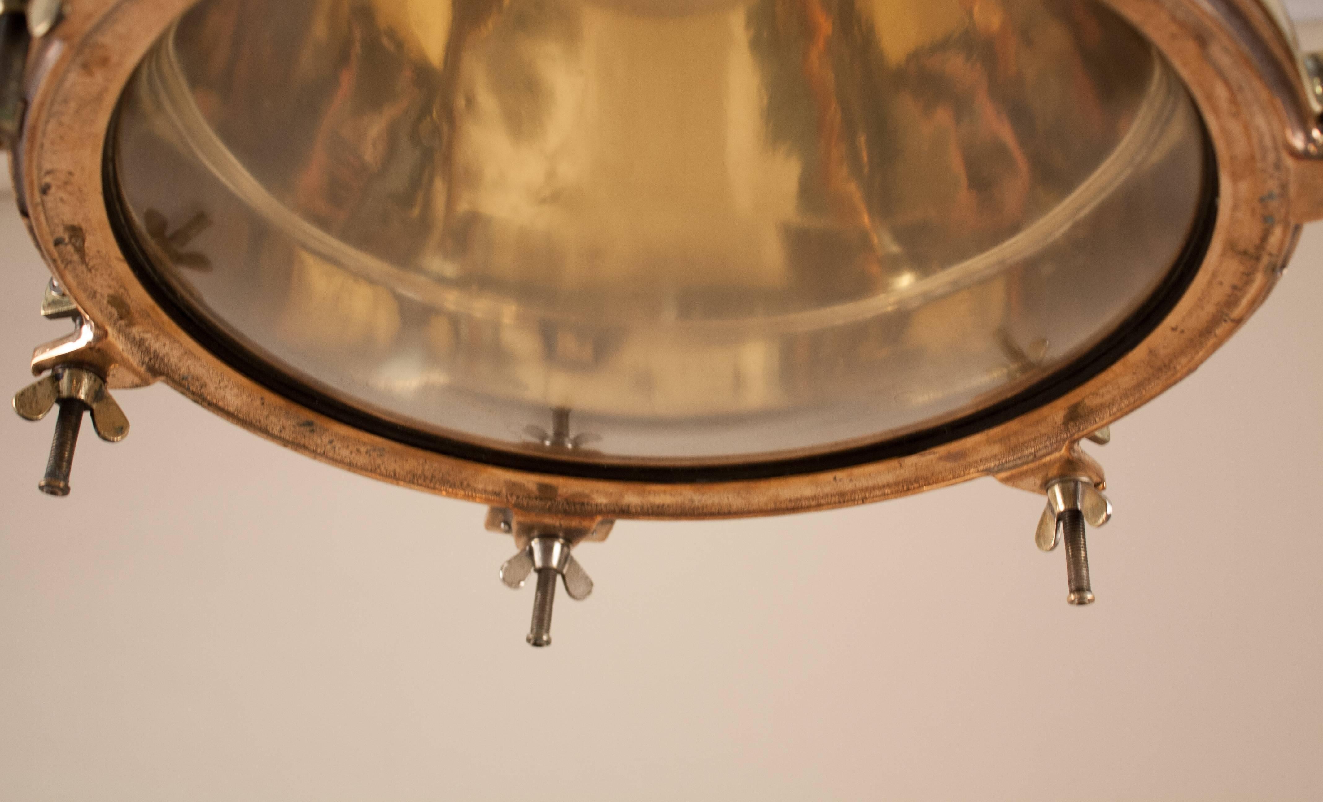 Pair of Brass and Iron Ship Deck Pendant Lights In Good Condition In Heath, MA
