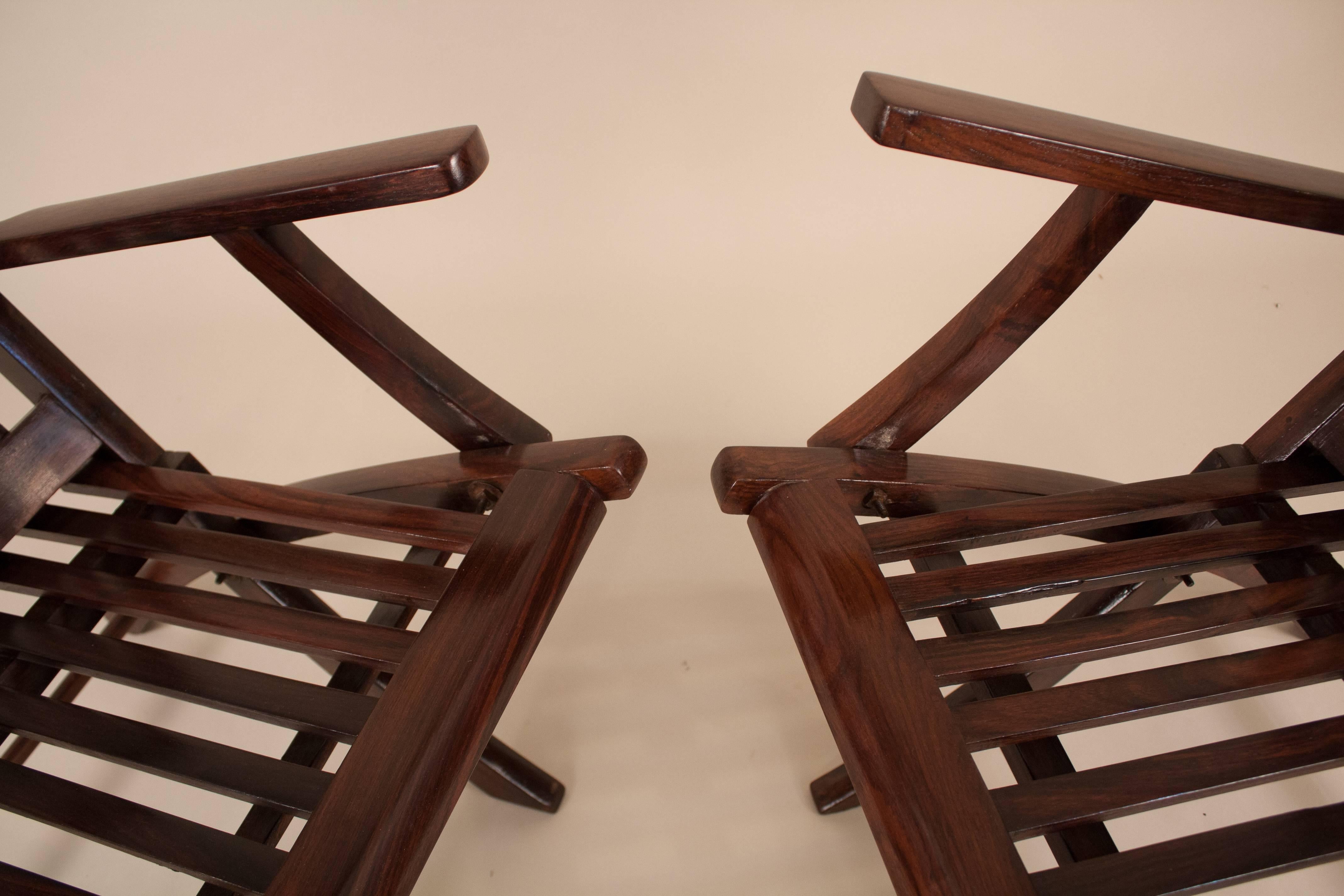 British Colonial Pair of Rosewood Folding Steamer Deck Chairs