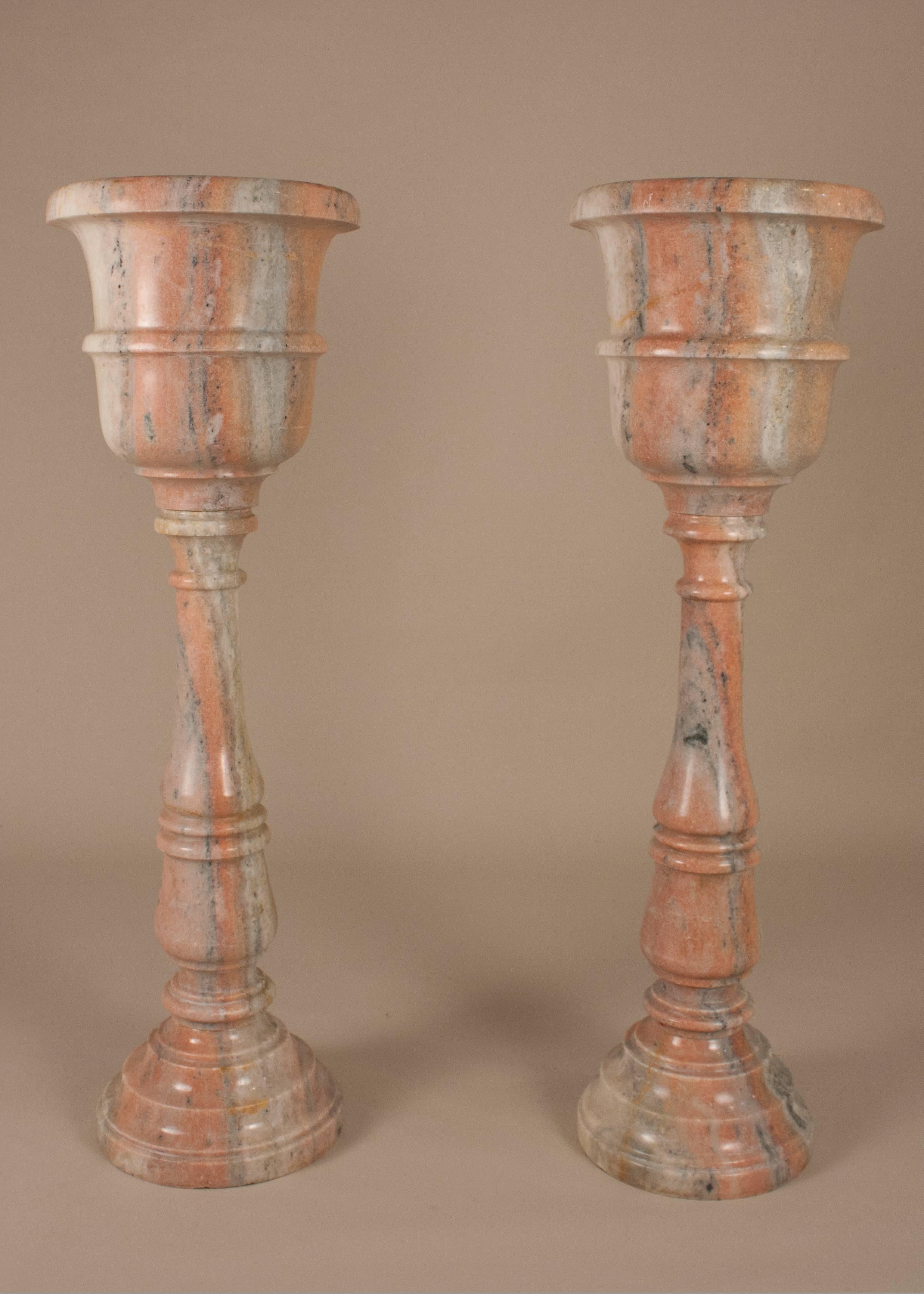 Pair of Udaipur pink marble standing jardinieres, each comprised of three pieces. These Mid-Century planters have beautiful grain, with a palette of salmon pink and gray tones.