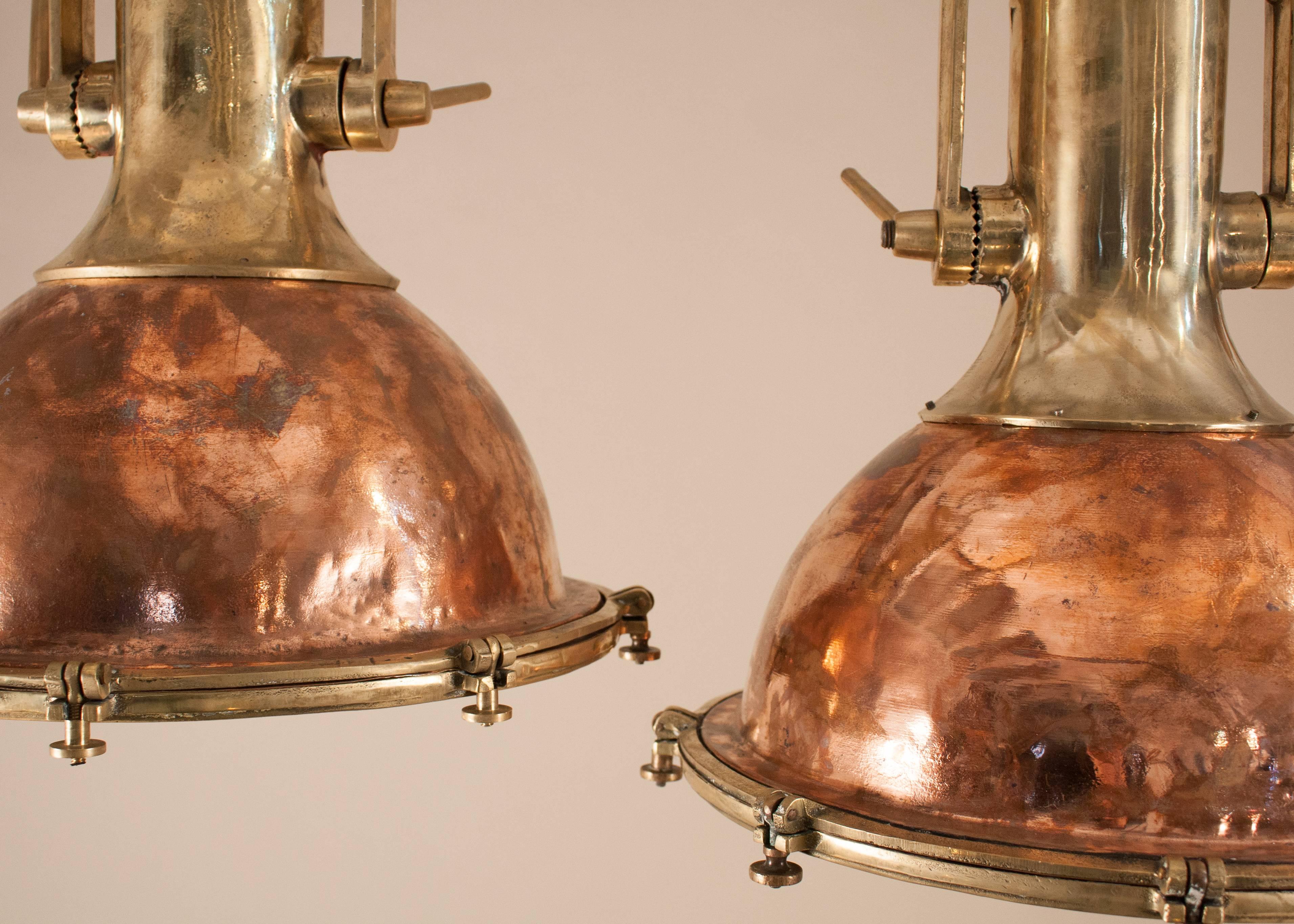 Industrial Pair of Large Copper and Brass Ship Deck Lights