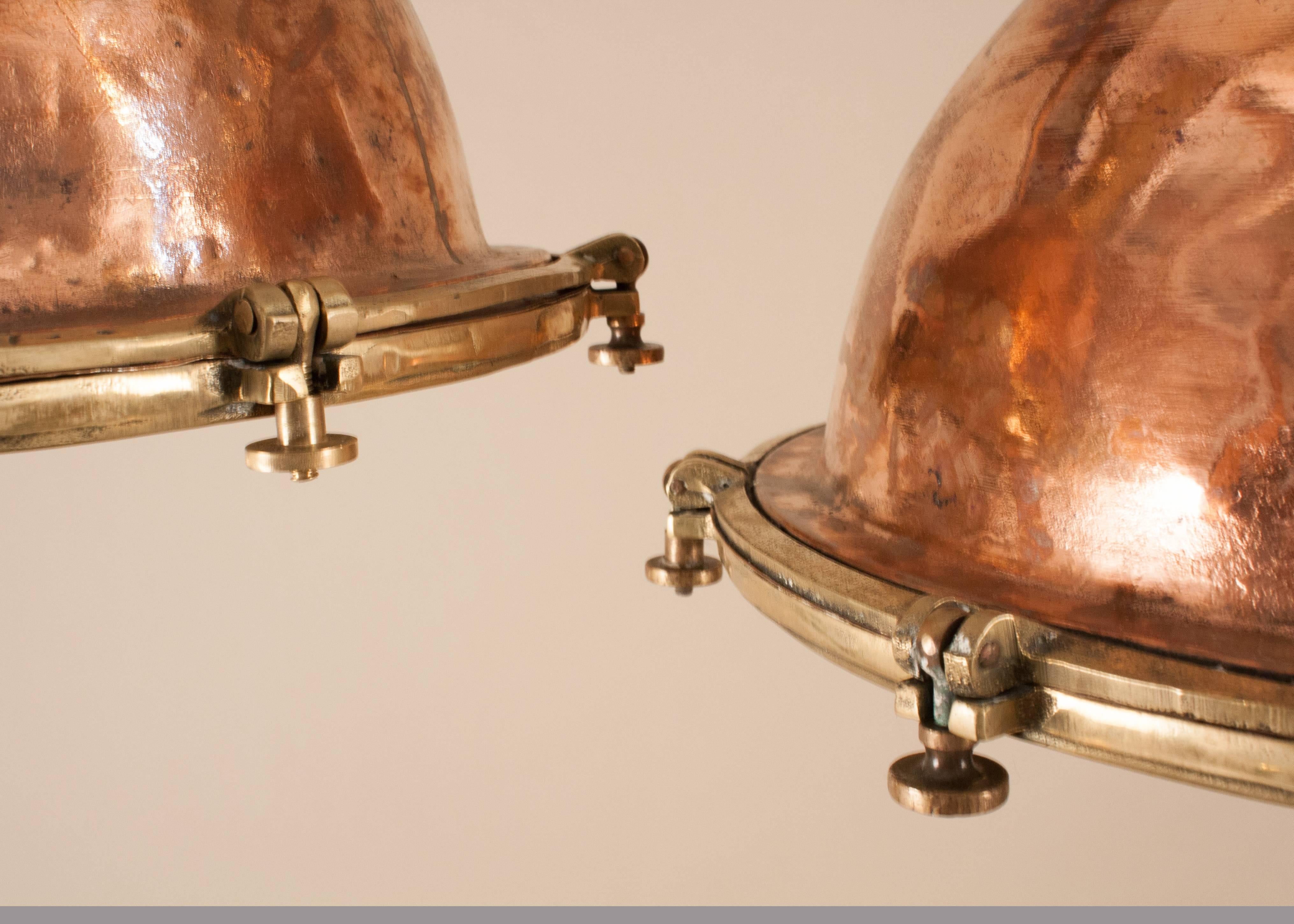 Pair of Large Copper and Brass Ship Deck Lights In Excellent Condition In Heath, MA
