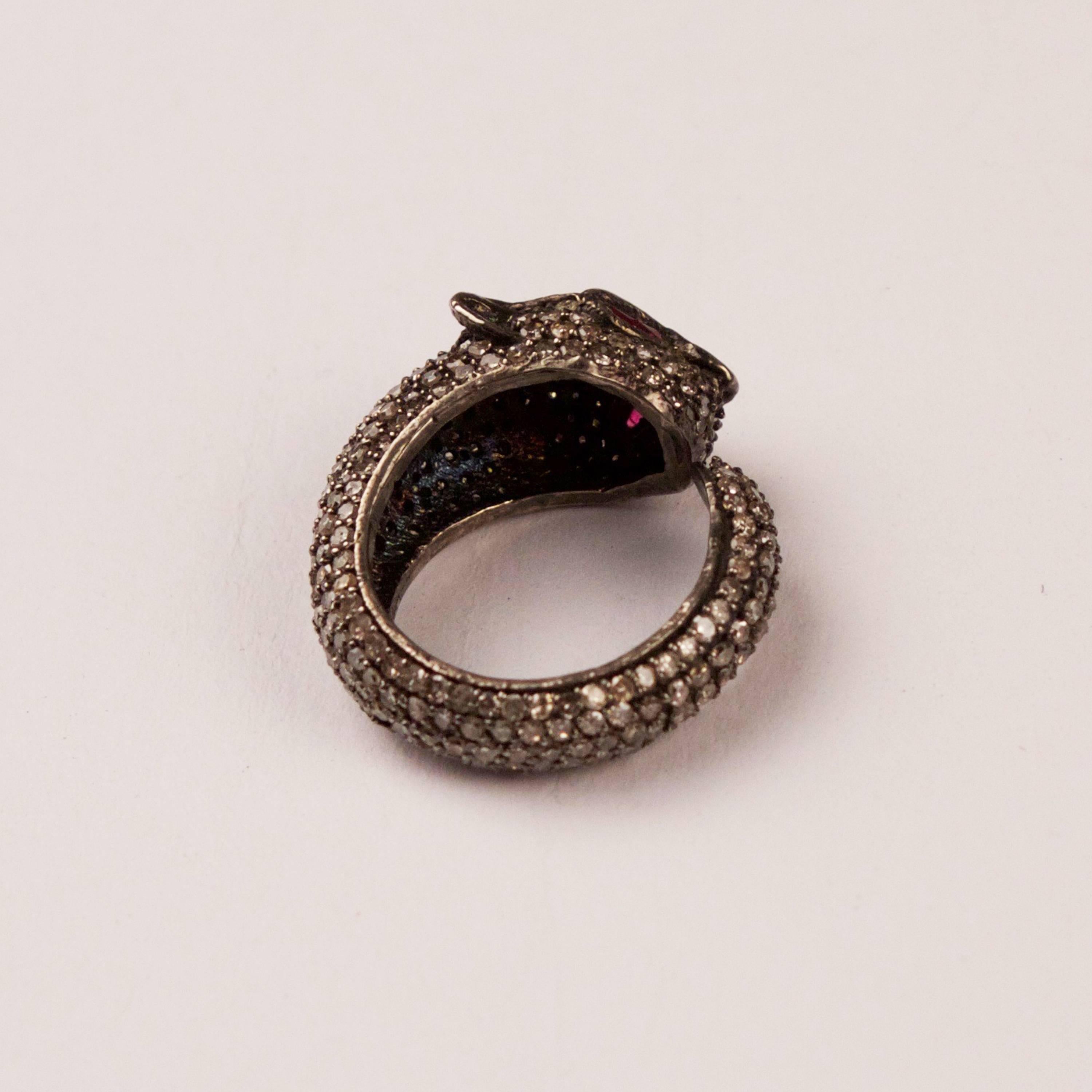 Sterling Silver Panther Ring in Diamond and Ruby