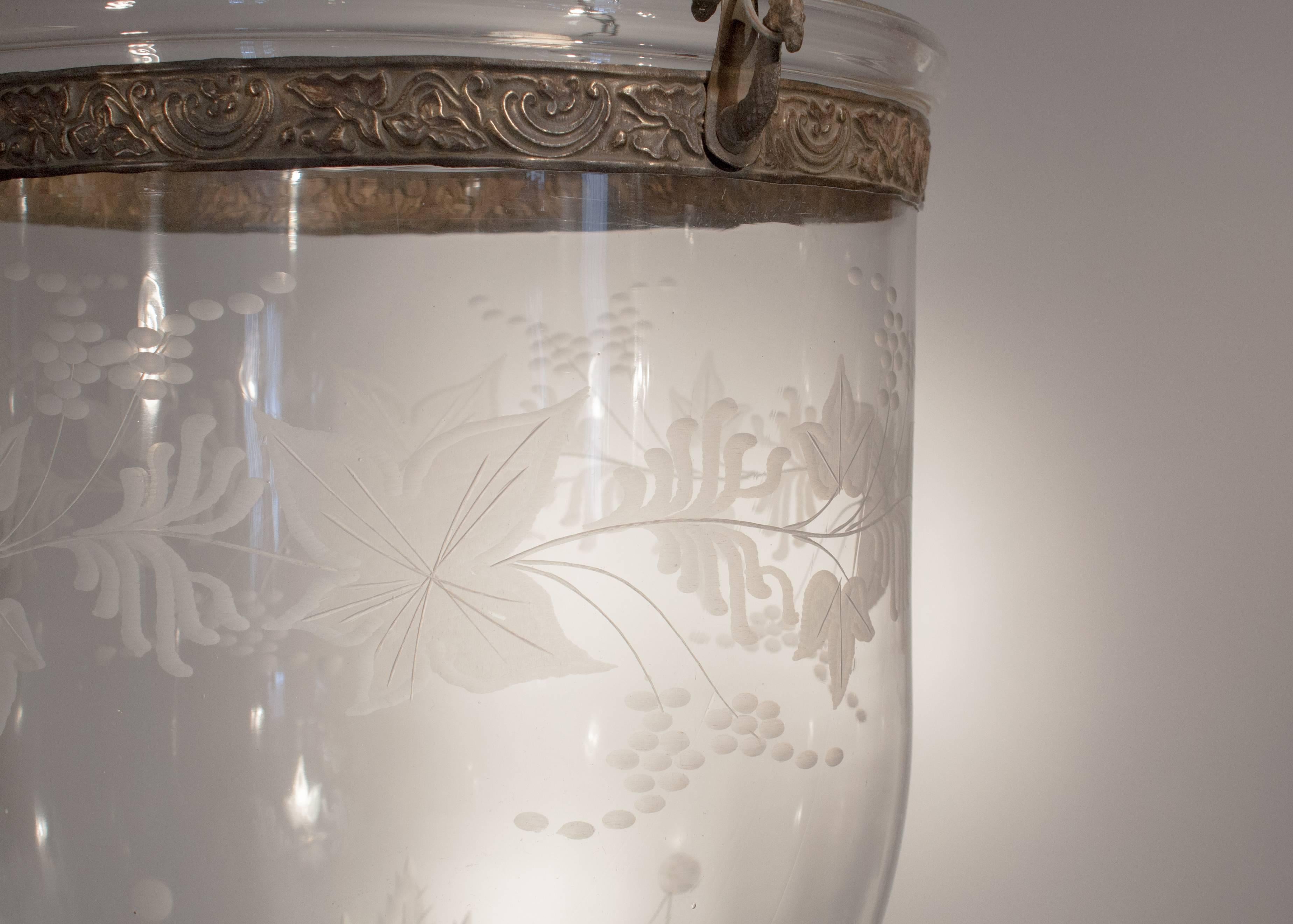 Etched Large English Bell Jar Lantern with Frosted Etching