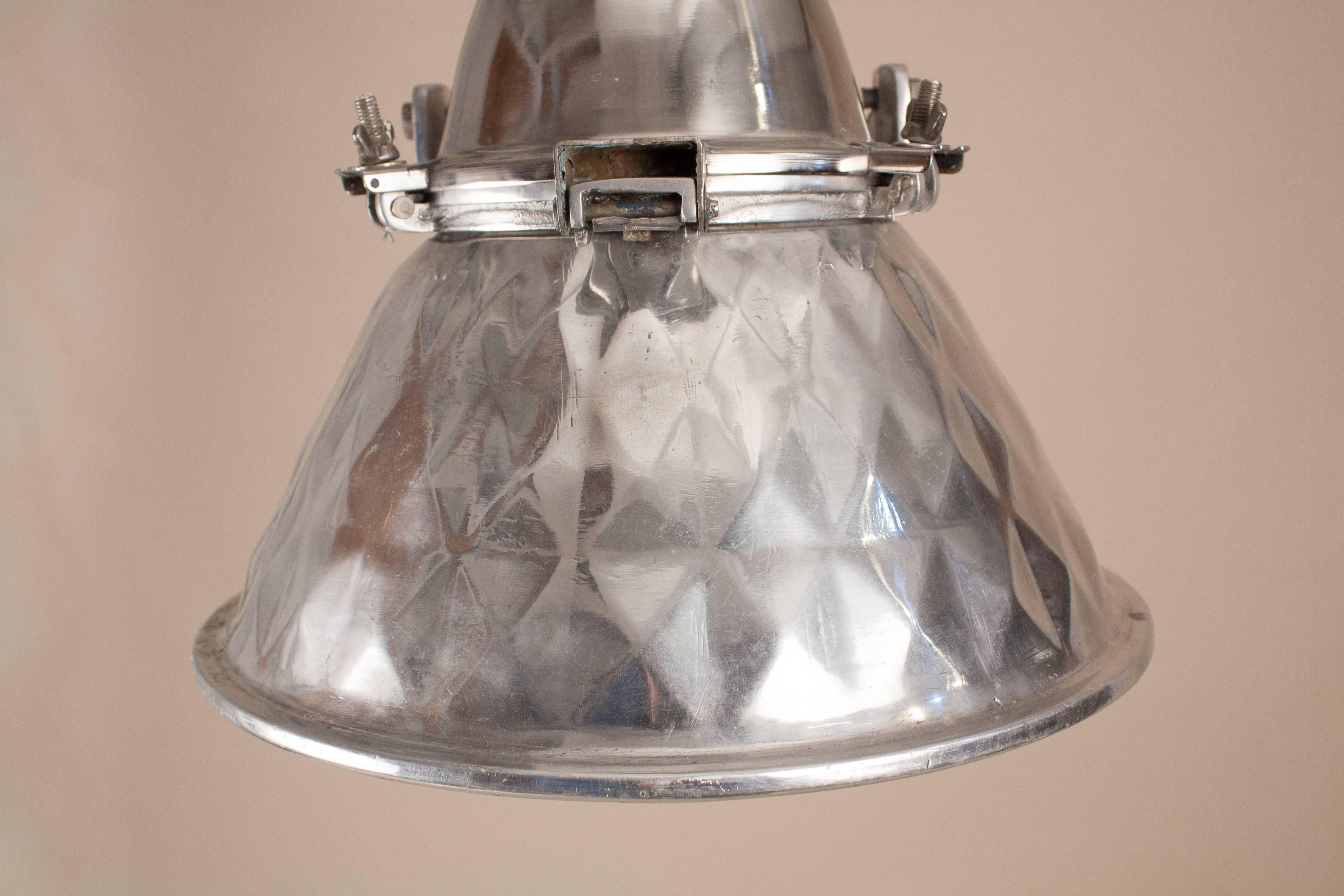 Pressed Aluminum Industrial Pendant Light In Good Condition For Sale In Heath, MA