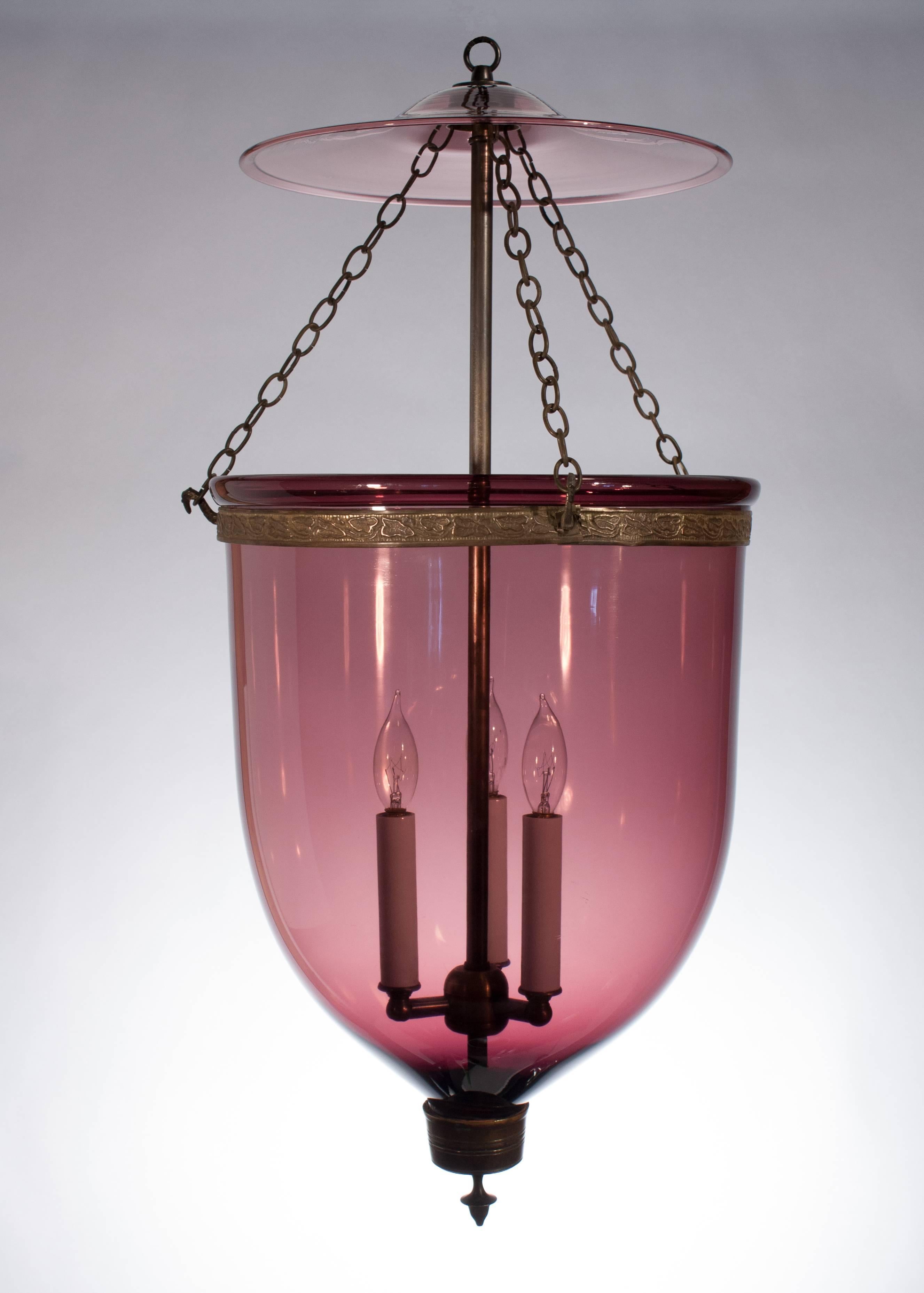 Breathtaking. Every detail of this large, rare 19th century English bell jar lantern is exceptional from the superb quality of the handblown glass to its sensuous form and from its sultry amethyst color to the way the glass funnels flawlessly into