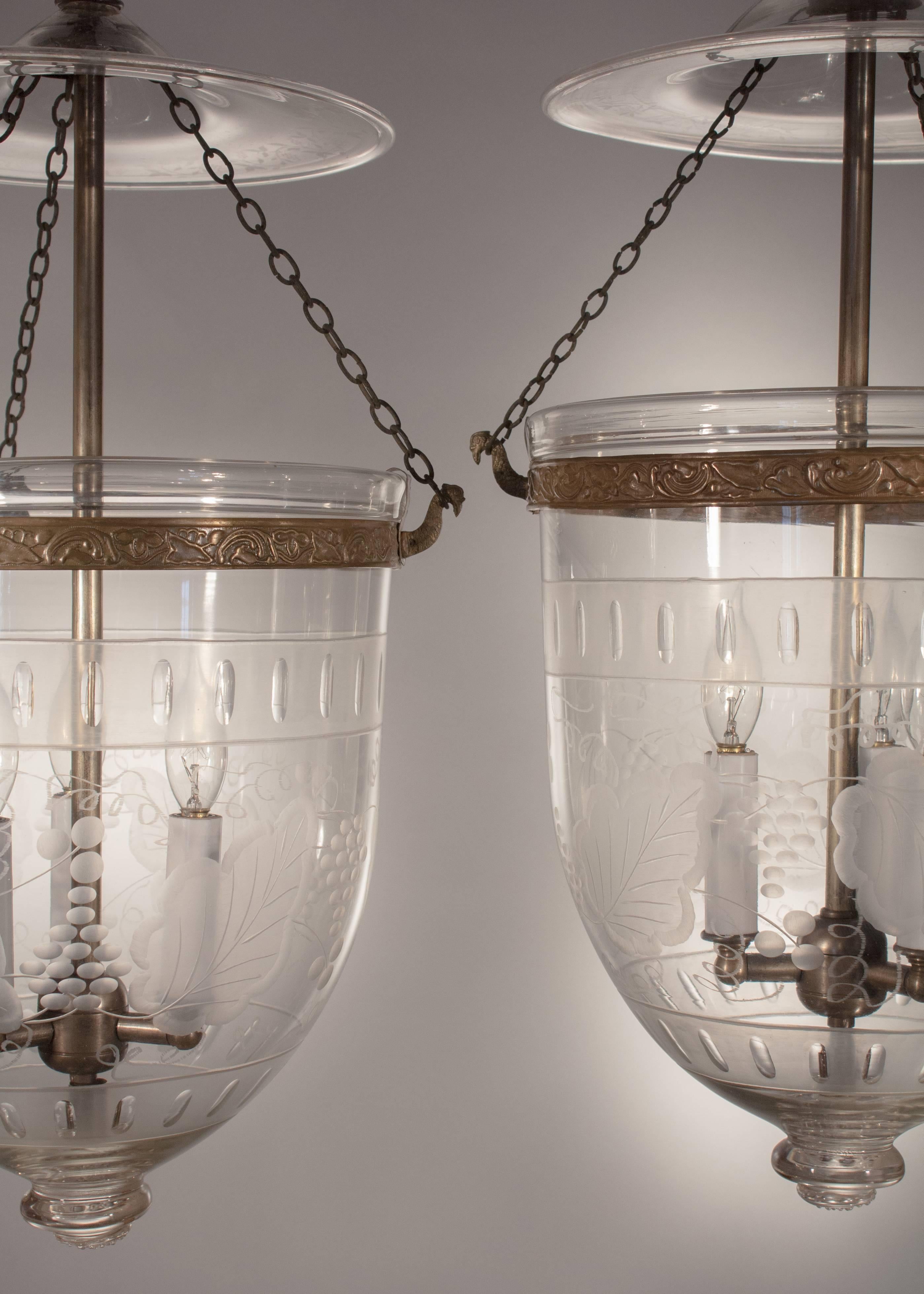 Regency Pair of Bell Jar Lanterns with Frosted Etching 