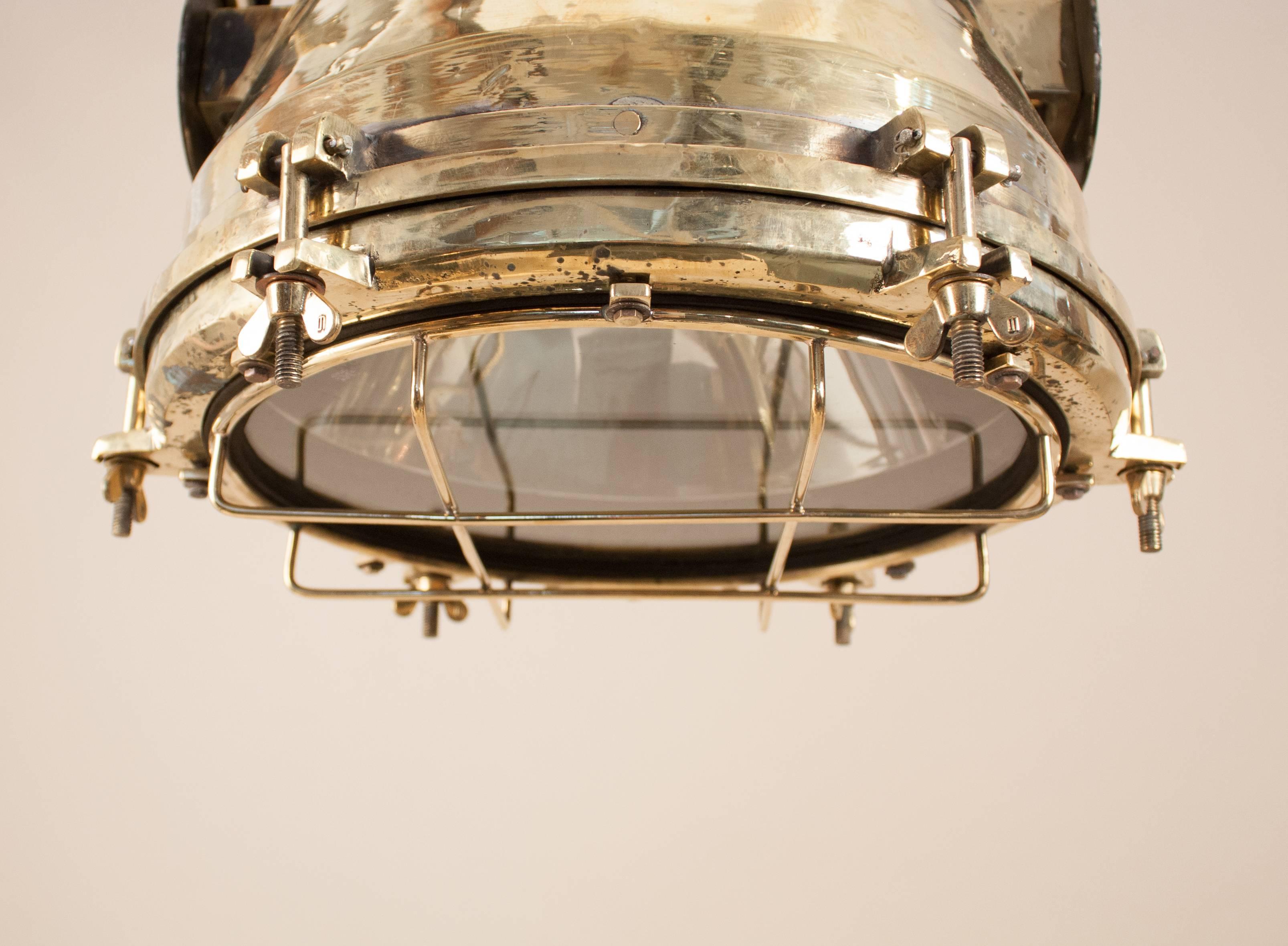 Mighty Pair of Brass Nautical or Industrial Pendant Lights In Excellent Condition In Heath, MA