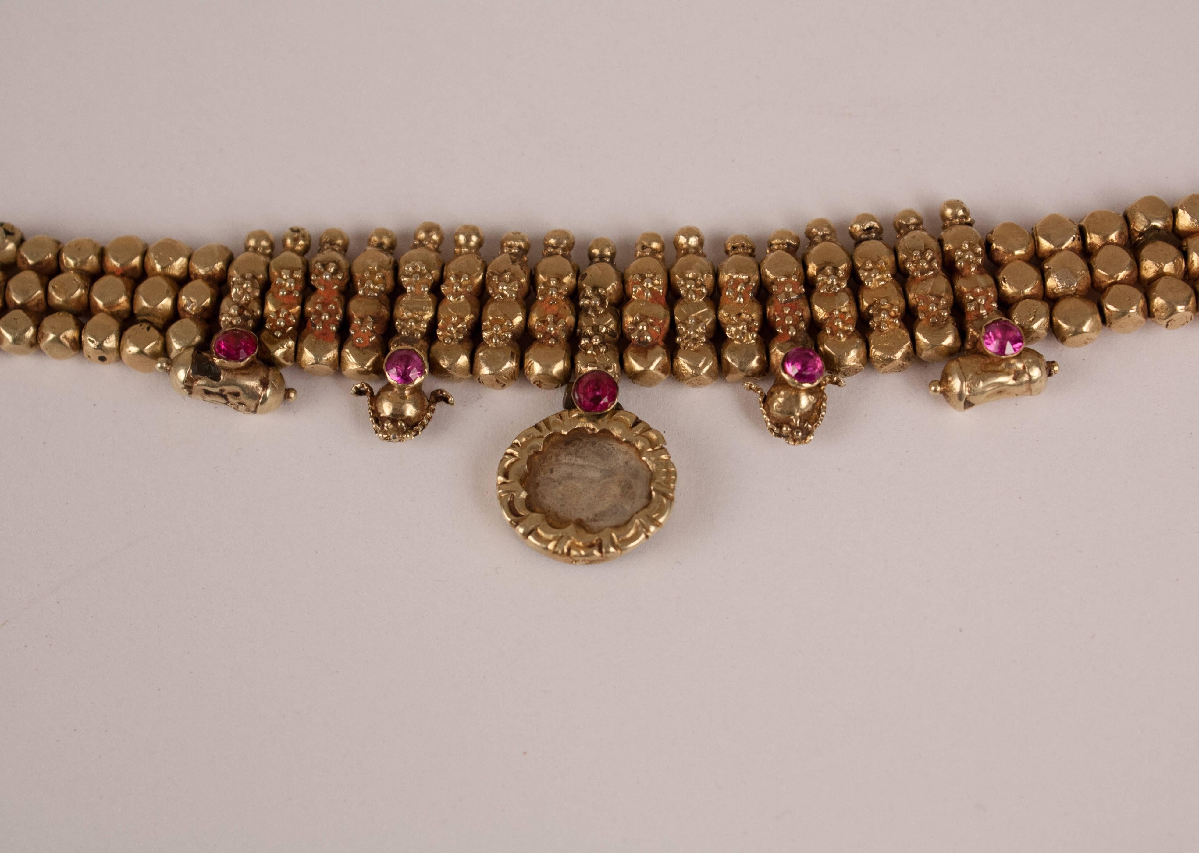 Indian 22-Karat Gold, Ruby and Crystal Choker Necklace from India, circa 1930 For Sale