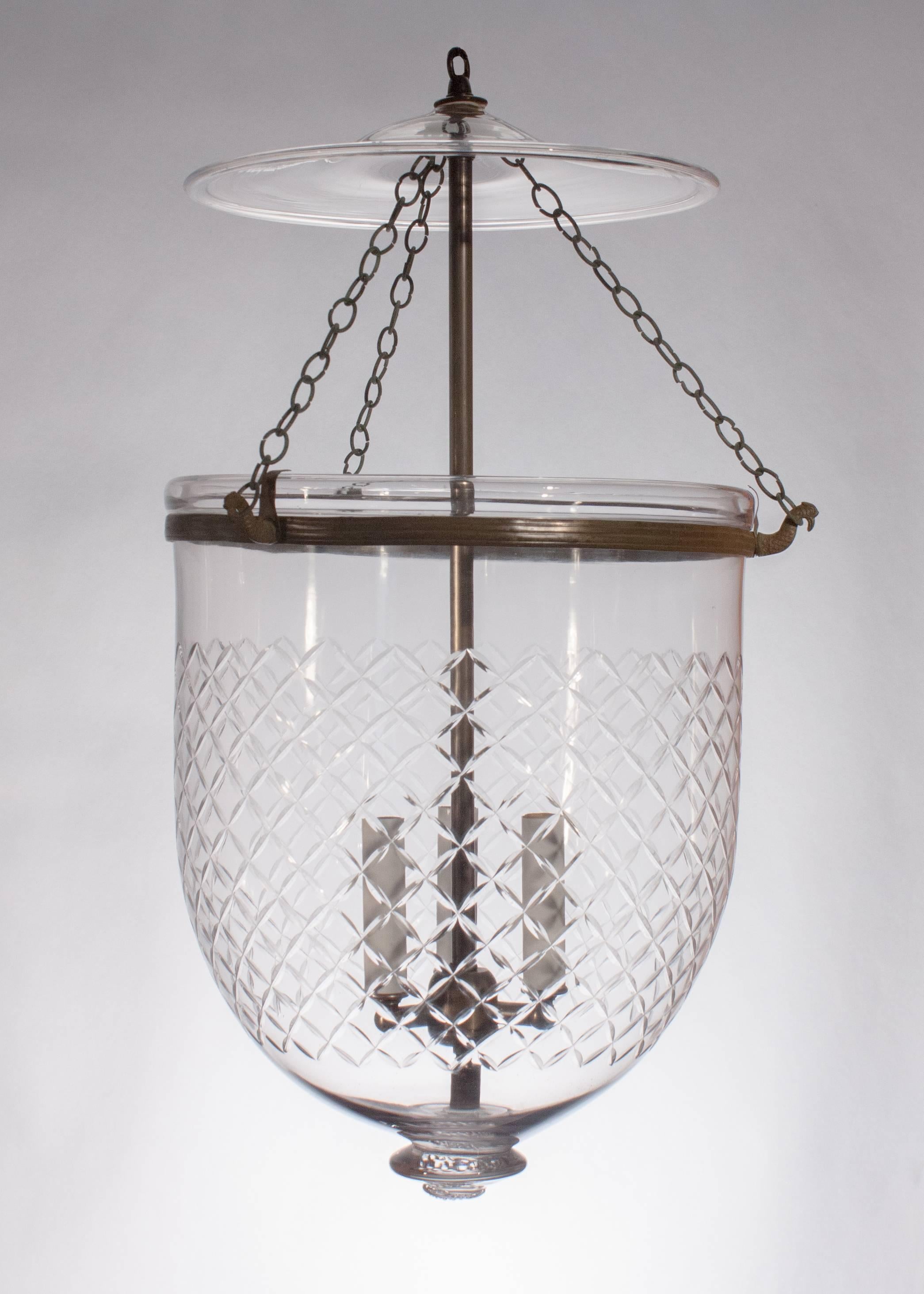 Regency Pair of Large 19th Century Bell Jar Lanterns with Diamond Etching