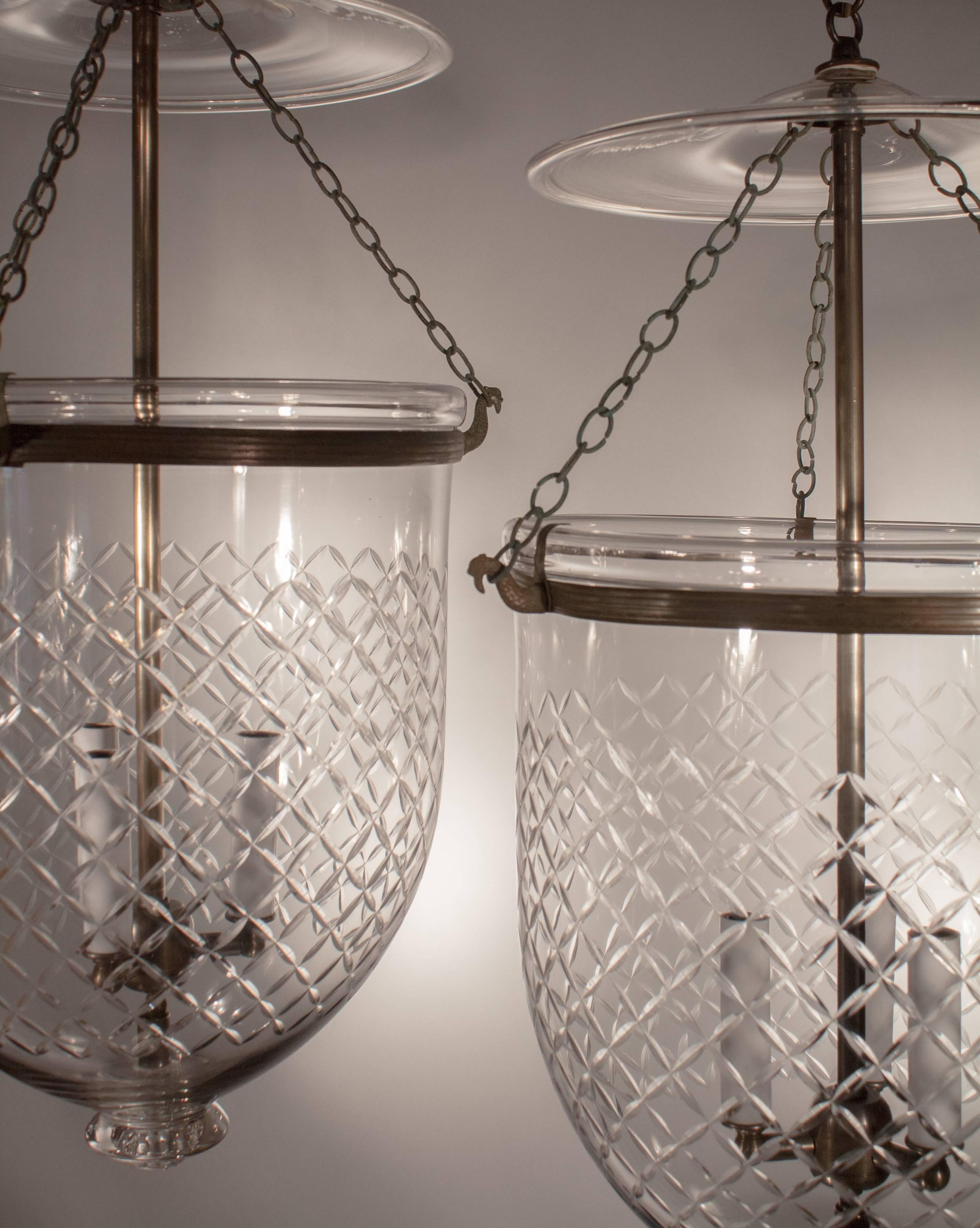 English Pair of Large 19th Century Bell Jar Lanterns with Diamond Etching