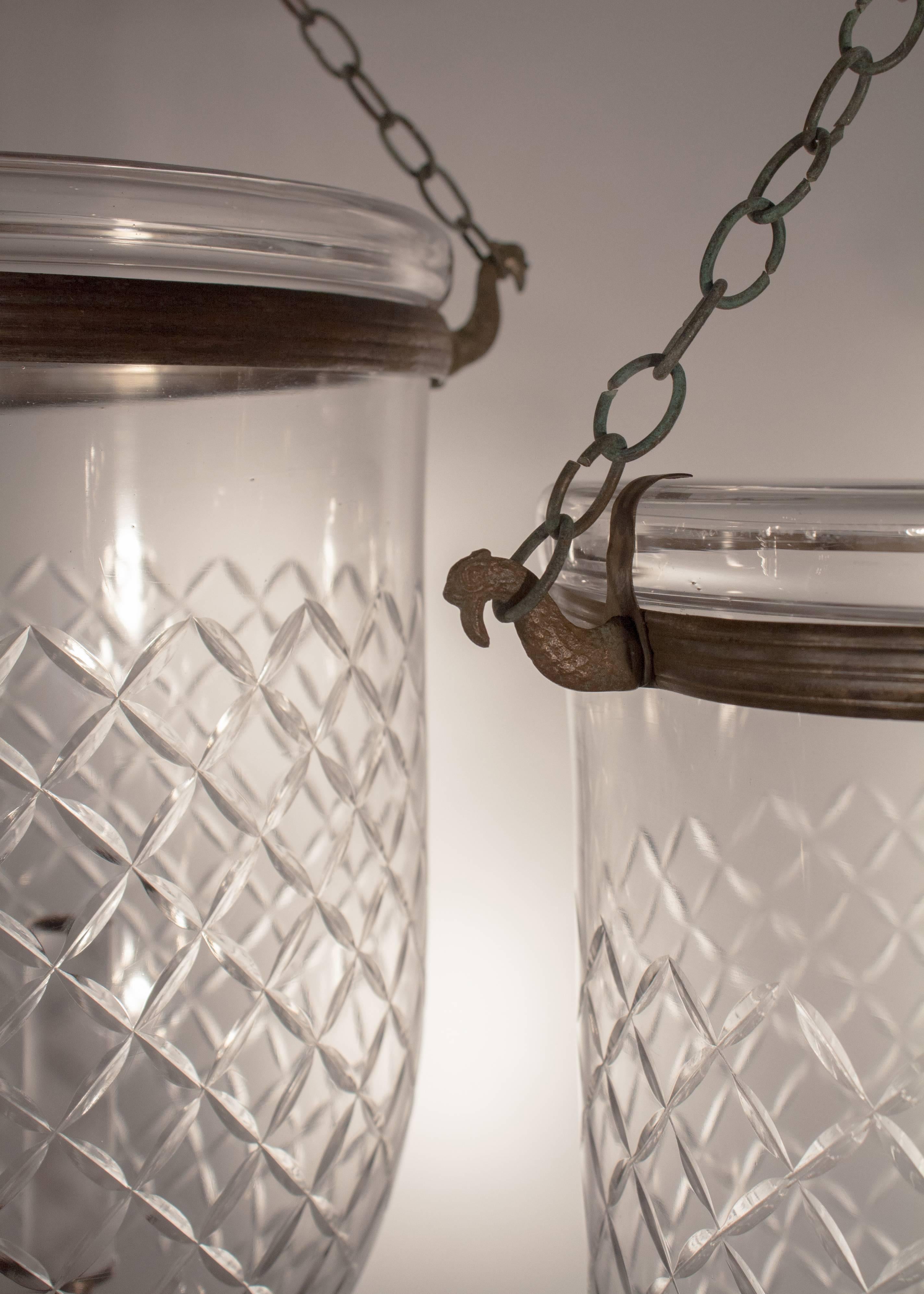 Etched Pair of Large 19th Century Bell Jar Lanterns with Diamond Etching