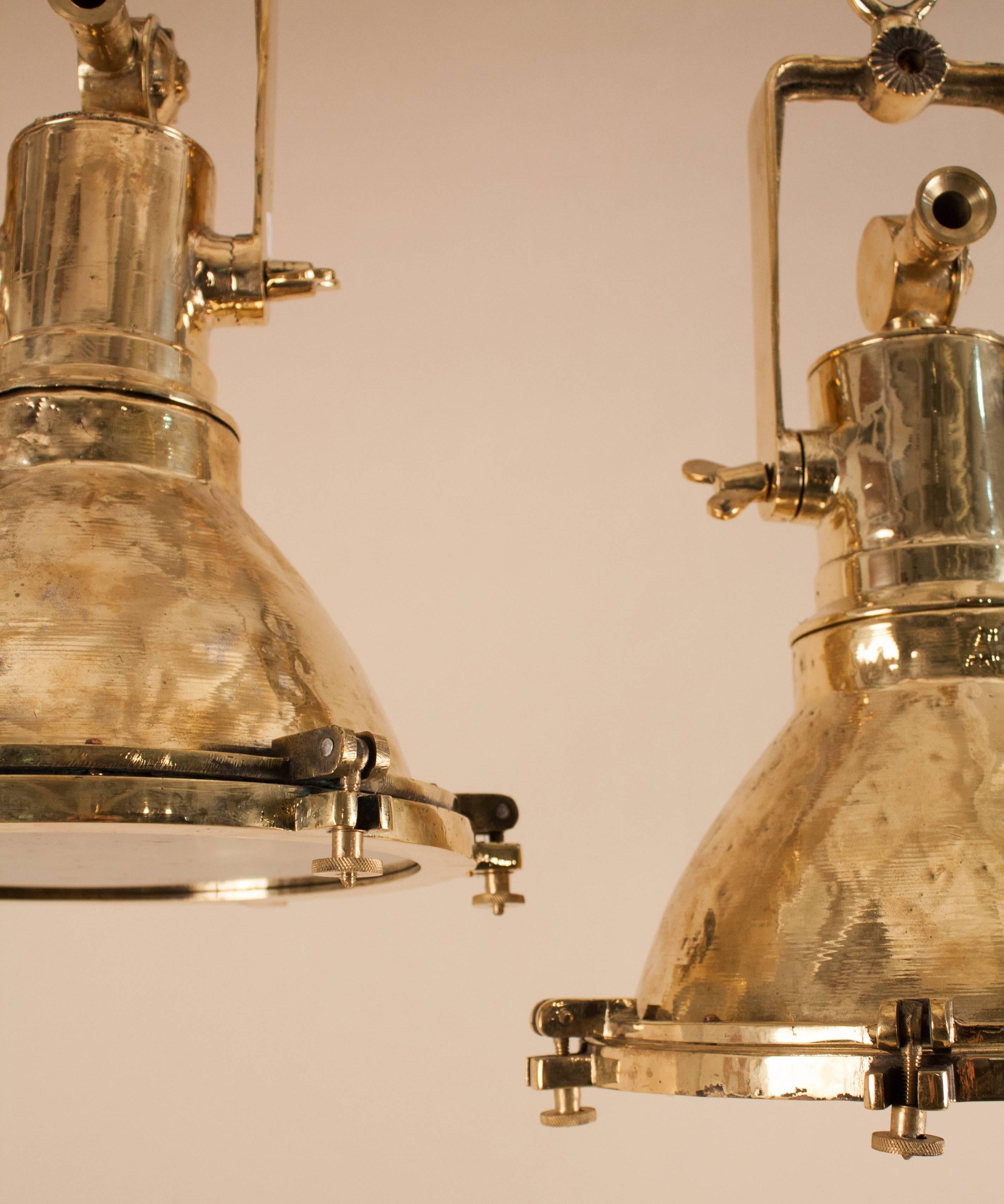 European Pair of Vintage Brass Maritime Pendant Lights