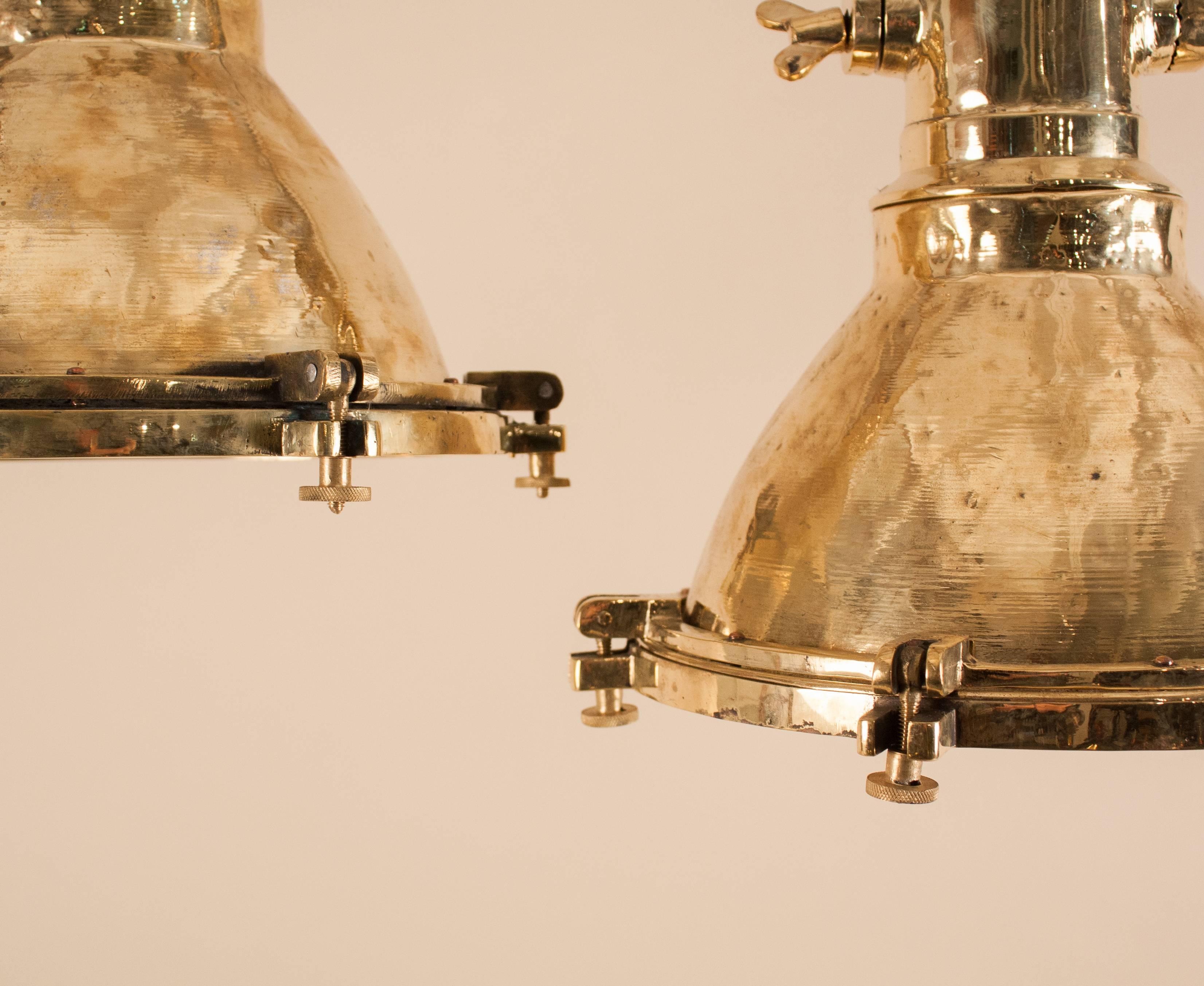 Pair of Vintage Brass Maritime Pendant Lights In Excellent Condition In Heath, MA